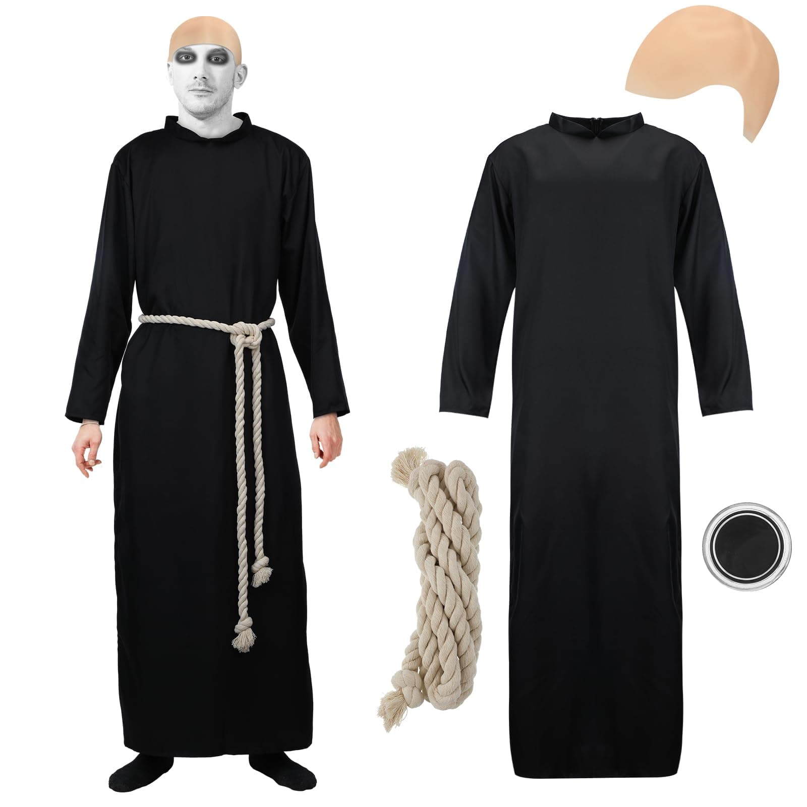 MepaseSet of 4 Halloween Black Uncle Costume Set with Tunic Hooded Robe Cord Belt Latex Bald Cap Makeup Black Cream for Cosplay Family Costume Adults Party, Black, One size