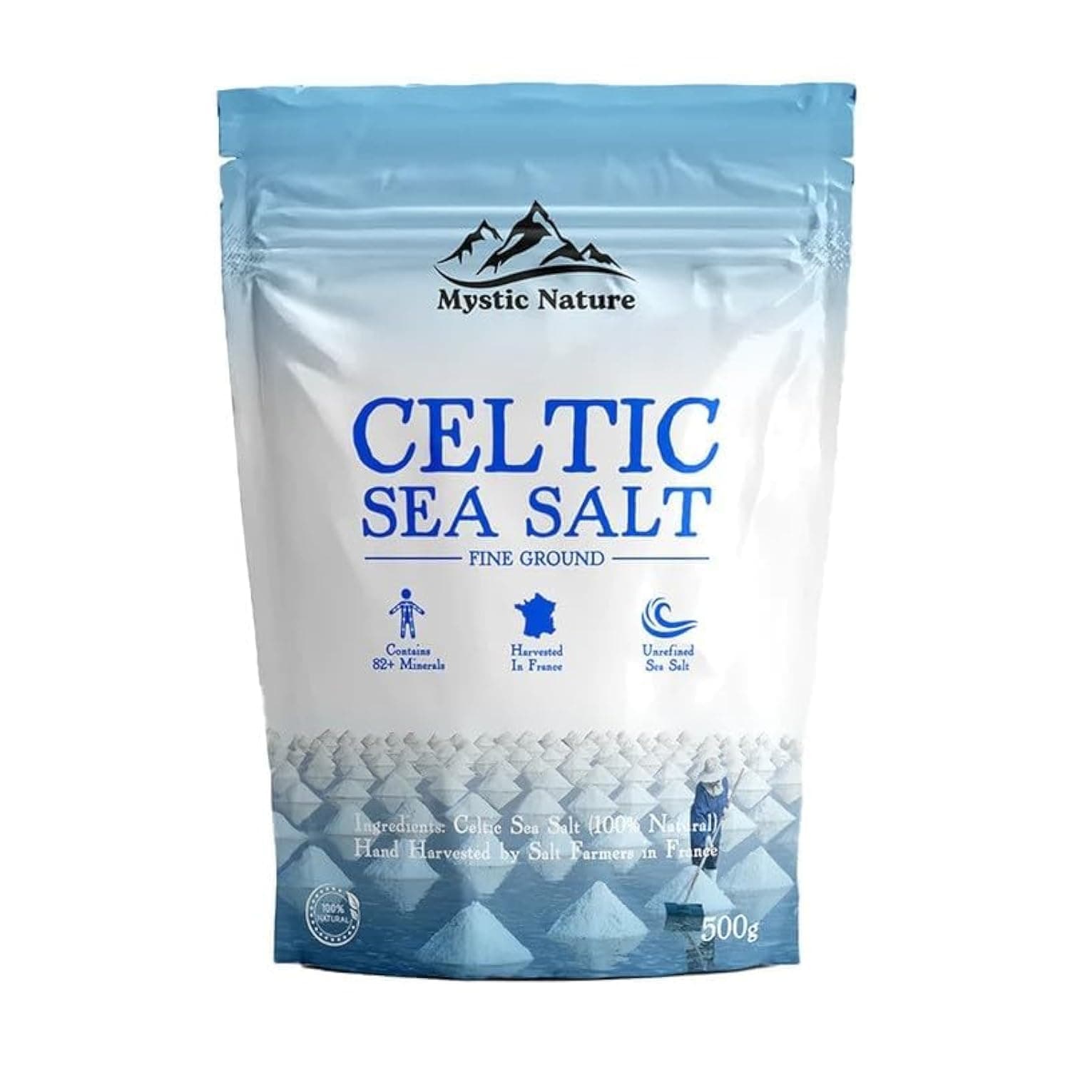 Mystic Nature Fine Ground Celtic Sea Salt - 500g | 100% Natural Celtic sea Salt | Organic Farmers & Growers Certified | Uniquely Harvested In France Providing Exceptional 82+ Minerals | UK Brand