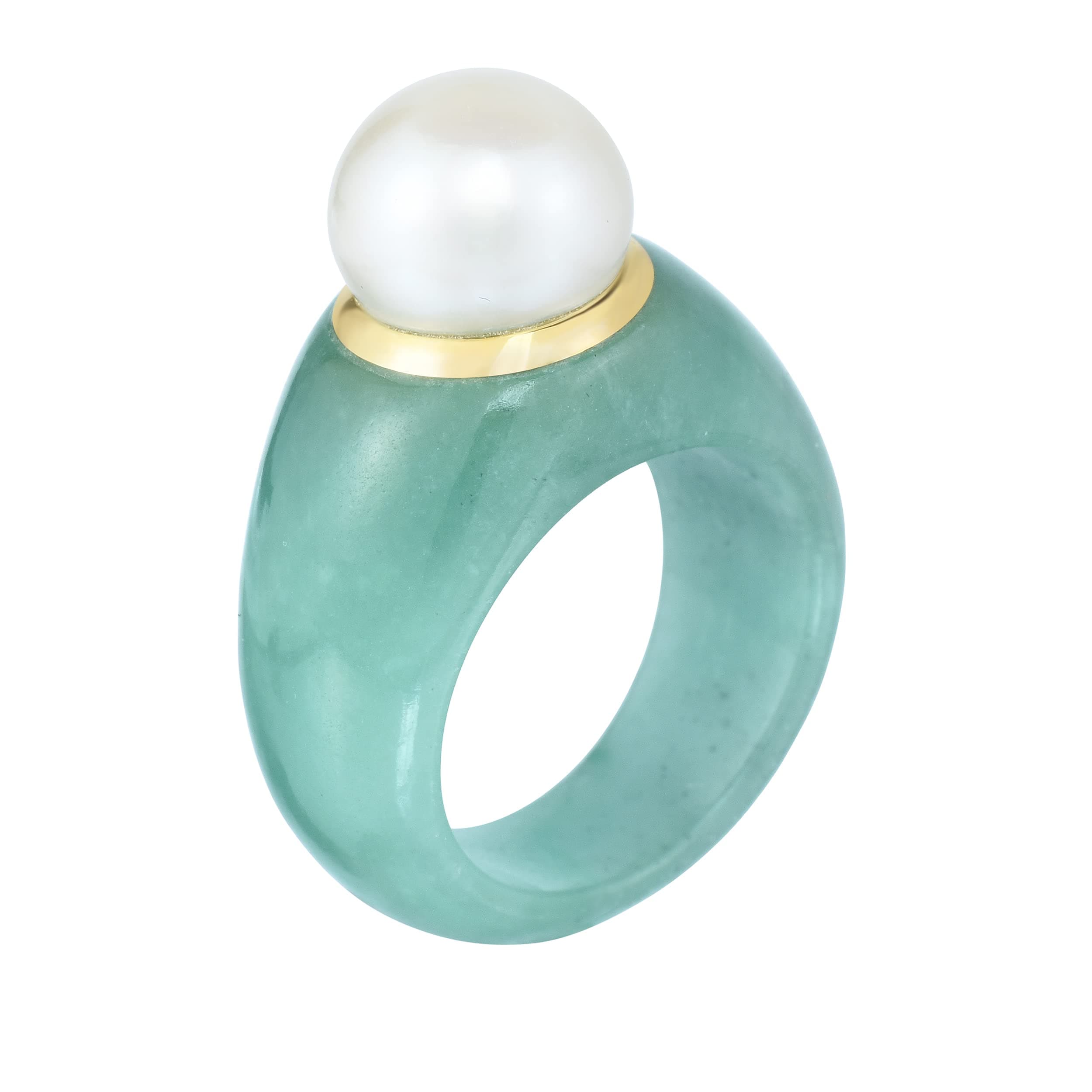 KOKAV14K Yellow Gold with Jade and 10 mm Freshwater Pearl Statement Ring (8), Precious Metal Gemstone, Jade