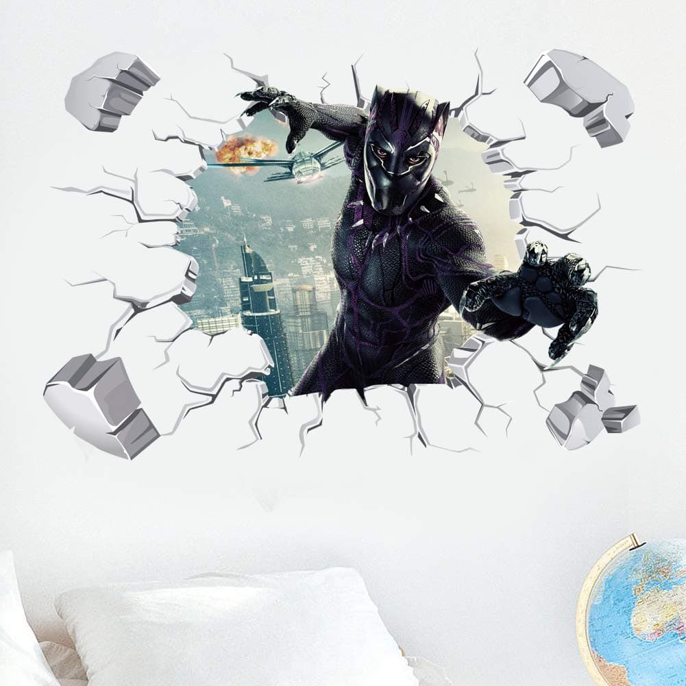 Amiiba Cartoon Wall Decals 3D Breaking Through Wall Stickers Kids Bedrooms Living Room Wall Decor (Black Panther 2)