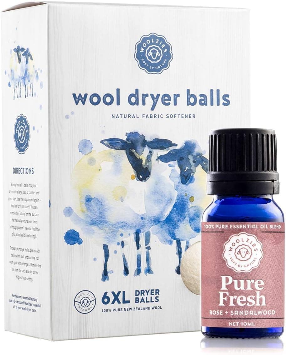 Wool Dryer Balls Organic: 6 XL Laundry Balls for Dryer + 10 ml Pure Fresh Essential Oil Combo for use as 100% Pure and Natural Fabric Softener | Best Scented Wool Balls Laundry