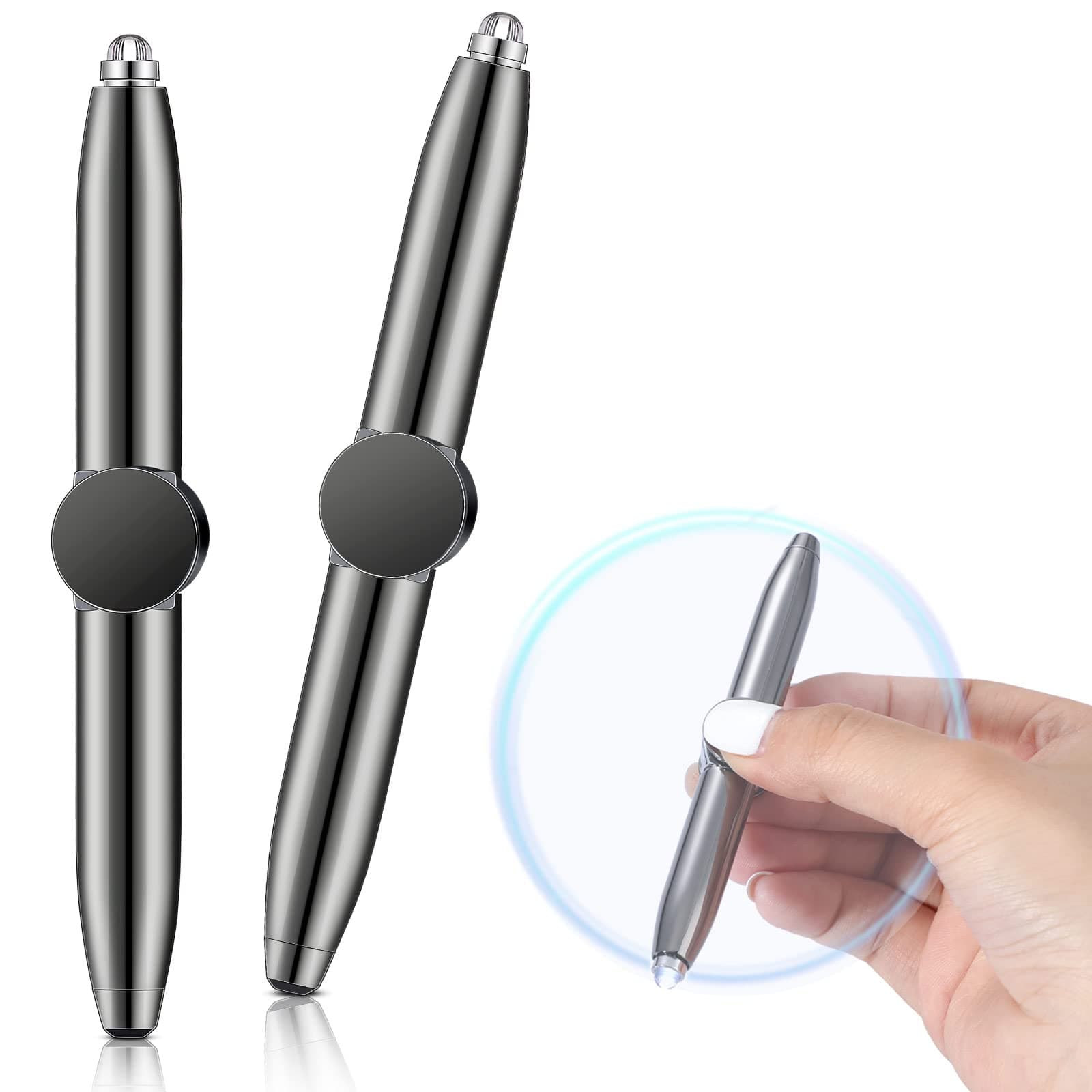 Chinco 2 Pieces Fidget Spinning Pen with LED Light Multi Functional Help Thinking Ballpoint Gift Pen for Adults (Gray)