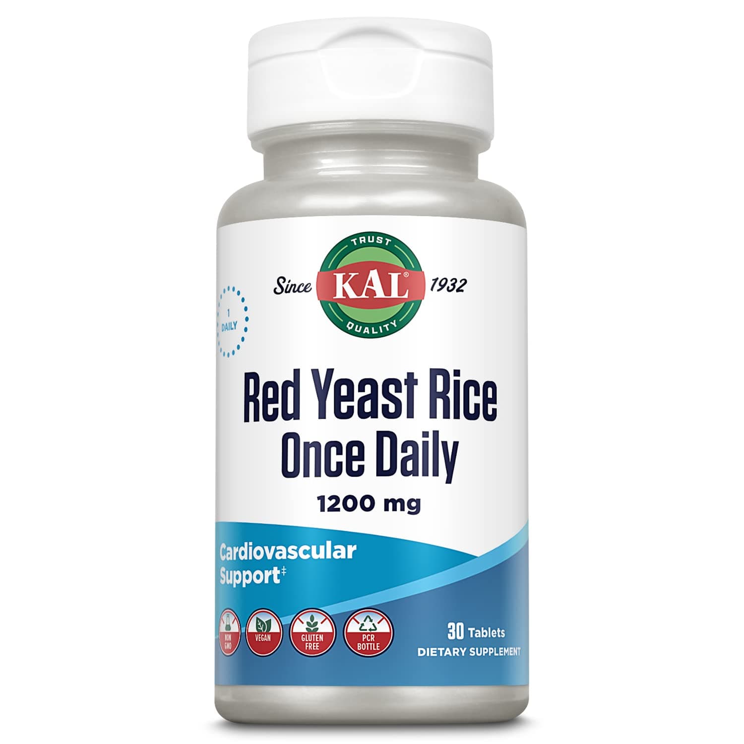 KAL Red Yeast Rice Once Daily 1200mg, Cardiovascular Support* Supplement with Naturally Occurring Unsaturated Fatty Acids, Amino Acids & Phytonutrients, Vegan, Gluten Free, 30 Servings, 30 Tablets