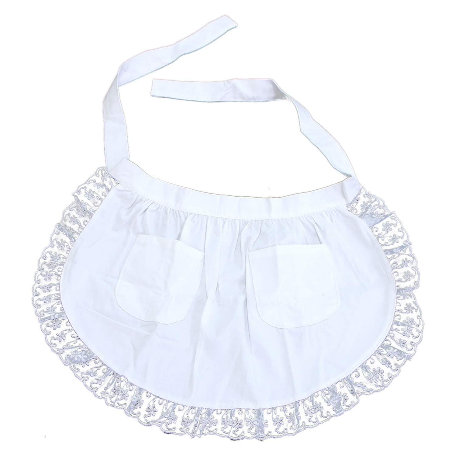 White Lace Flower Cotton Half Apron Kitchen, Half Waist Apron with Pocket Victorian Maid Costume for Women