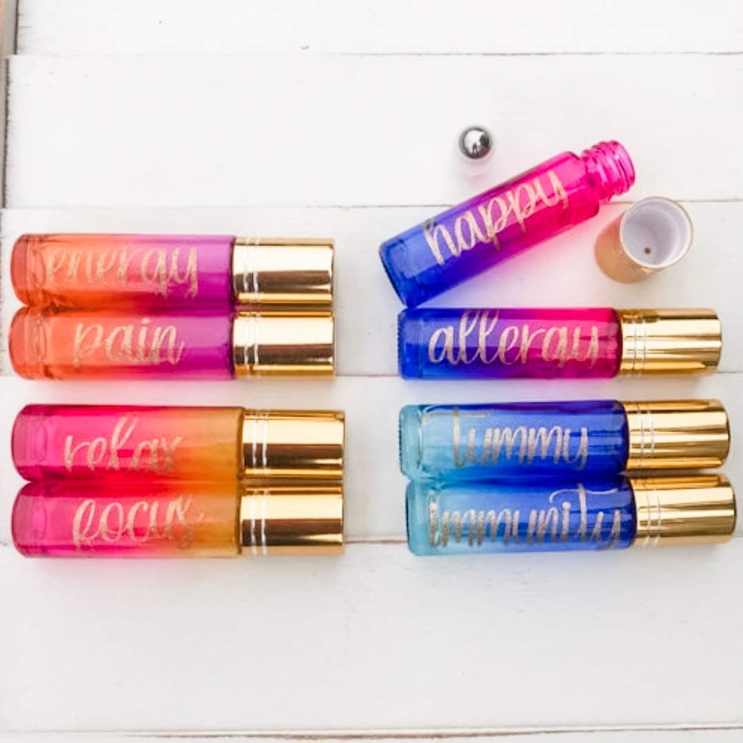 SET OF 8 EMPTY OMBRE 10ML ROLLER BOTTLES WITH GOLD GLITTER LABELS & METALLIC CAPS, STEEL ROLL ON BALL, GRADIENT FADE BRIGHT COLORS, PERMANENT PREMIUM DECALS