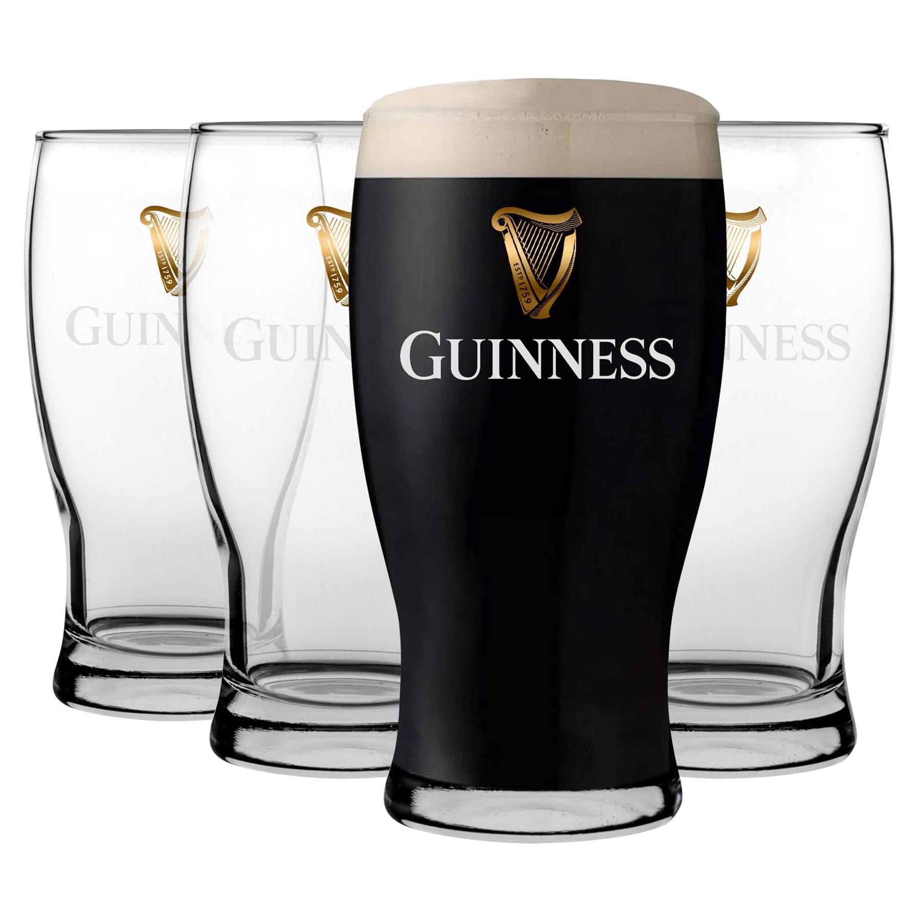 4X Guinness Pint Glasses - 568ml (20oz) - Large Reusable Glass Craft Beer Drinking Tulip Lager Ale Pub Kitchen Tumbler Cups Set