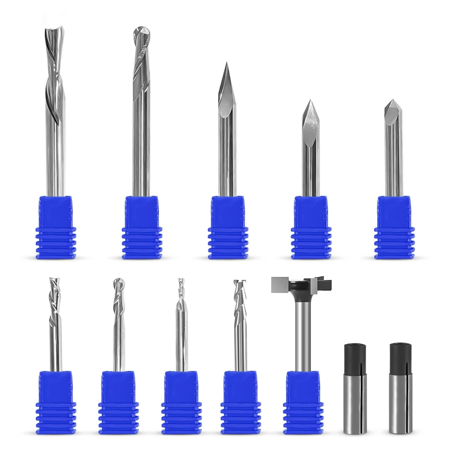Complete Set of Essential CNC Router Bit Set, 9 Router Bits with 1/4-inch Shank, 2 Reducing Collets, 1 Surfacing Bit, Wood Carving Profile, V- Bits Solid Carbide | 1/4 Router Bit Set