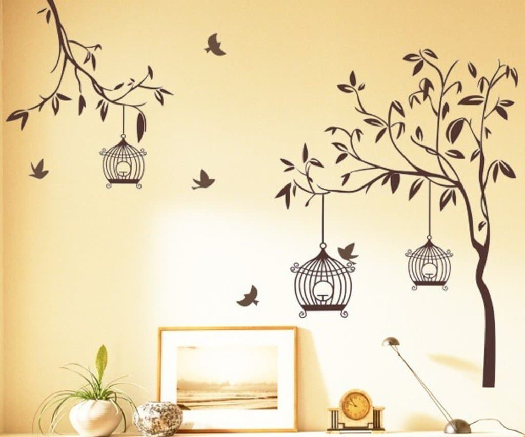 Elitevilla Decals Design 'Tree with Birds and Cages' Wall Sticker (PVC Vinyl, 60 cm x 90 cm, Brown)