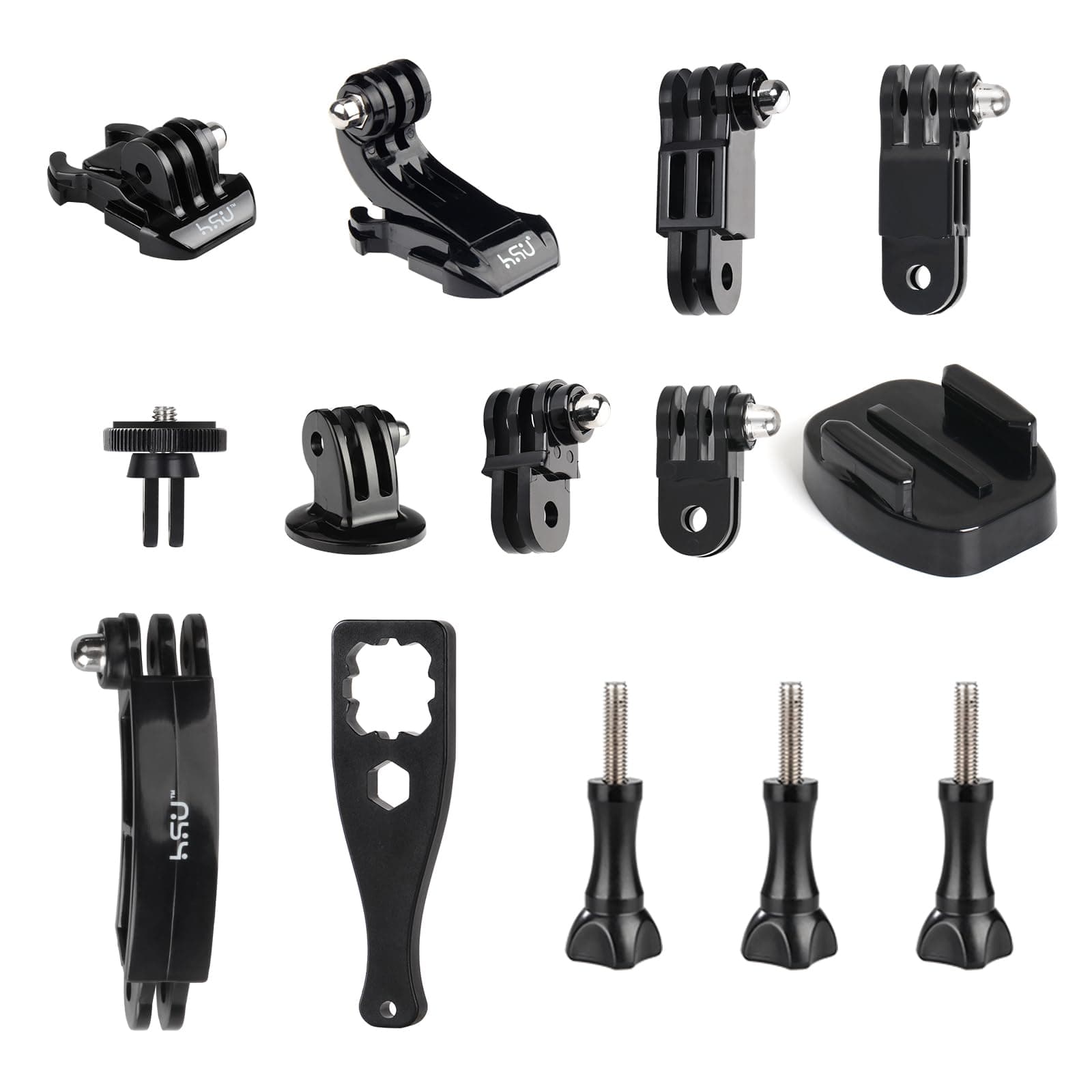 HSU Basic Adapter Grab Bag for GoPro - 13pcs Kit Including Quick Release Buckle, J-Hook Buckle, 3-Way Pivot Arms, Tripod Mount, Curved Extension Arm and Thumbscrews