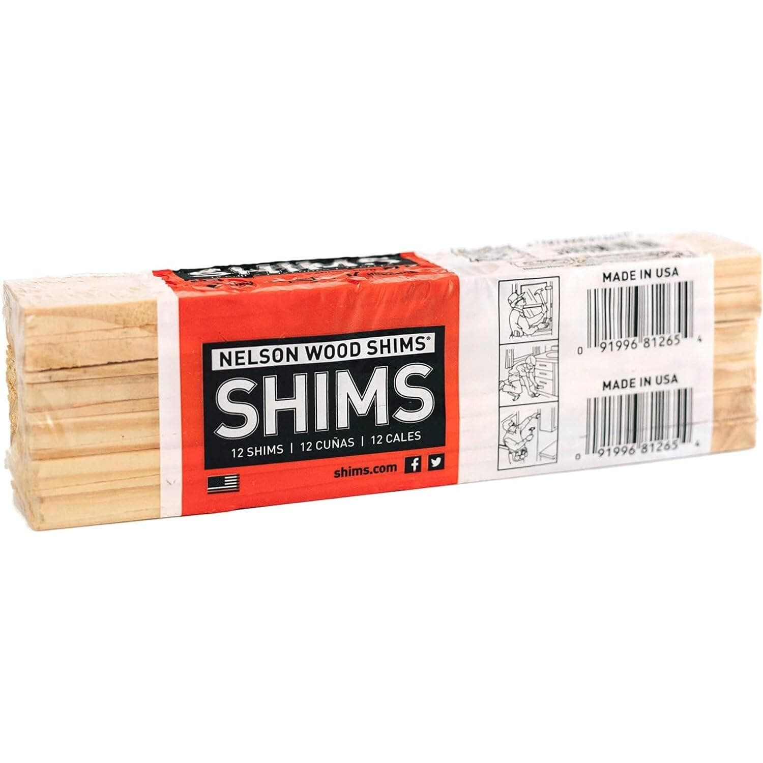 Nelson Wood Shims - DIY Wood Shims 8-Inch Shims, High Performance Natural Wood, 100% Kiln Dried - 1 Pack (12 Shims Total)