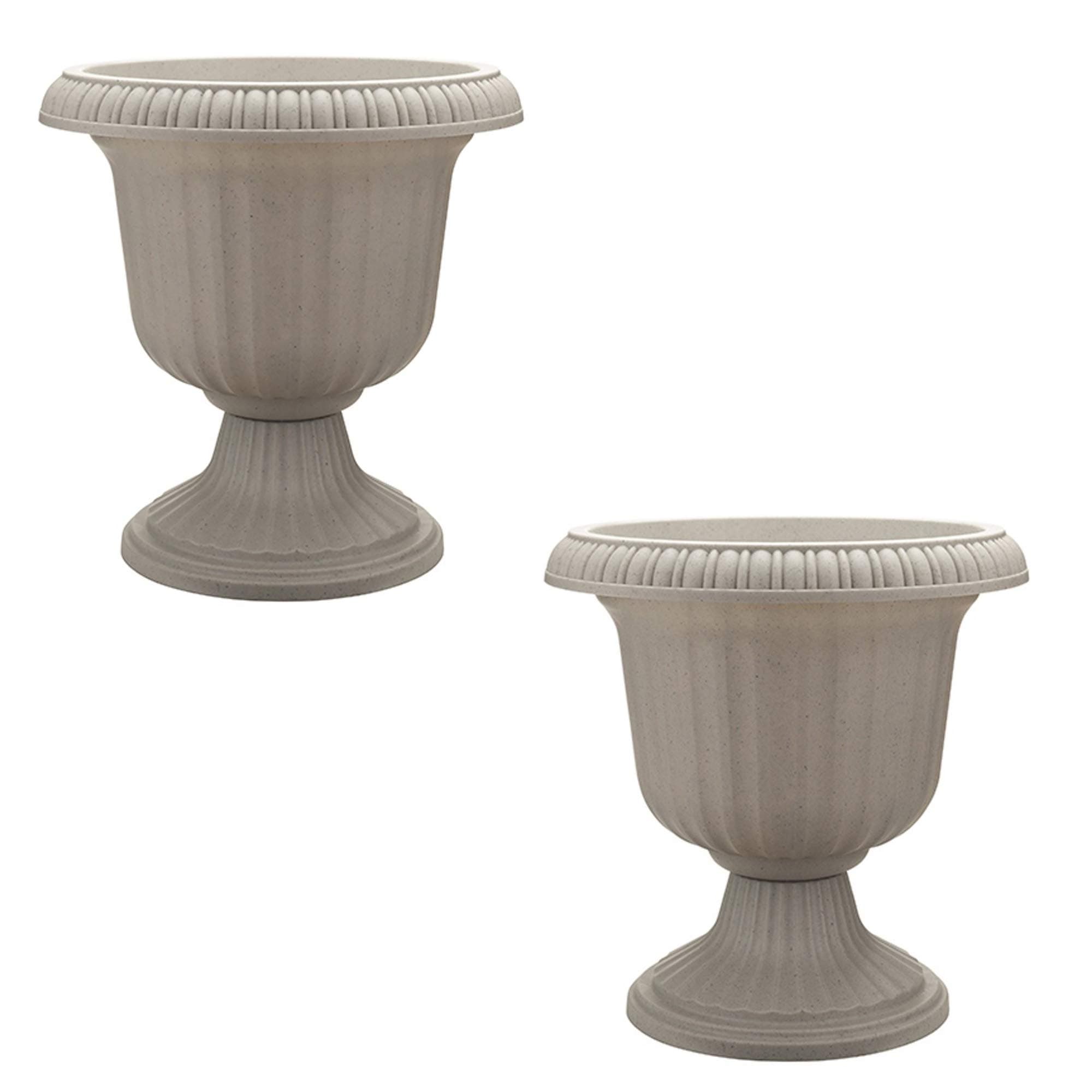 2 Pack Utopian Urn Planter, Large 14 Inch Outdoor Pot, Lightweight Garden, Entryway, or Walkway Accessory with UV-Coated Finish, Stone
