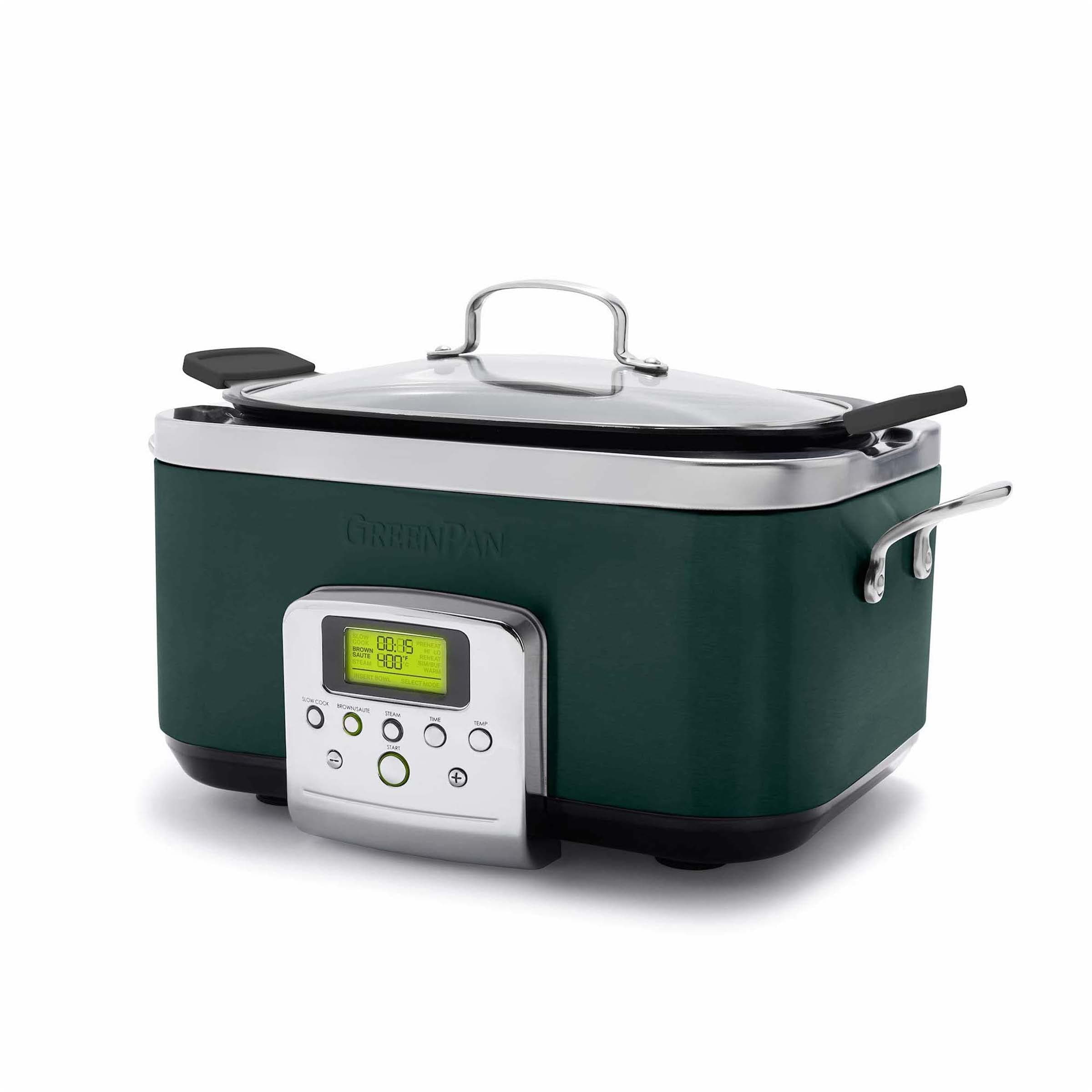 GreenPan Elite 8-in-1 Programmable 6QT Electric Slow Cooker,Dishwasher Safe Lid & Removable Crock, PFAS-Free Healthy Ceramic Nonstick Multi-Cooker, Sear, Sauté/Brown,Steam Basket,Roast, Pine Green