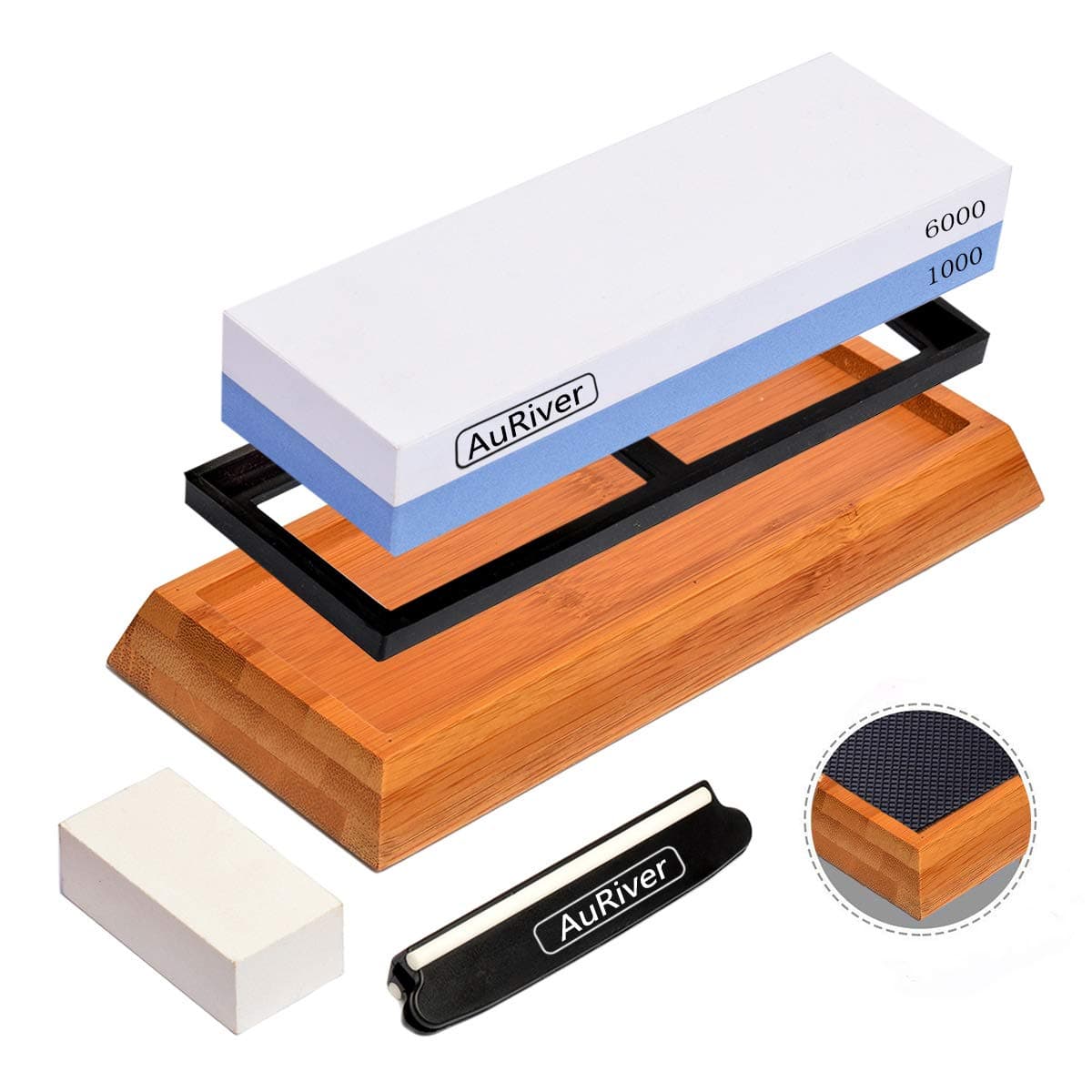 AuRiver Whetstone Knife Sharpener Premium, Sharpening Stone Set 2 Side Grit 1000/6000, with Non-Slip Bamboo Base & Flattening Stone & Angle Guide, for Kitchen & Chef Knives