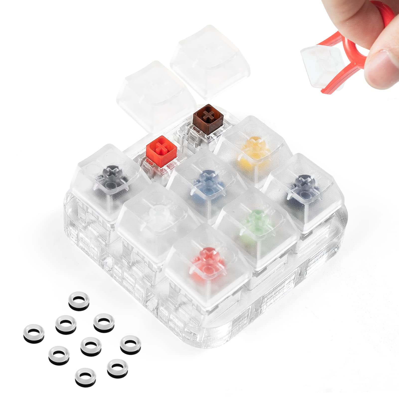 Kailh Box Switch Tester Mechanical Keyboards Retooled Sampler 9-Key Switch Testing Tool, with Keycap Puller and 18 O Rings, Navy Jade White Red Black Brown Yellow Blue Orange Switches