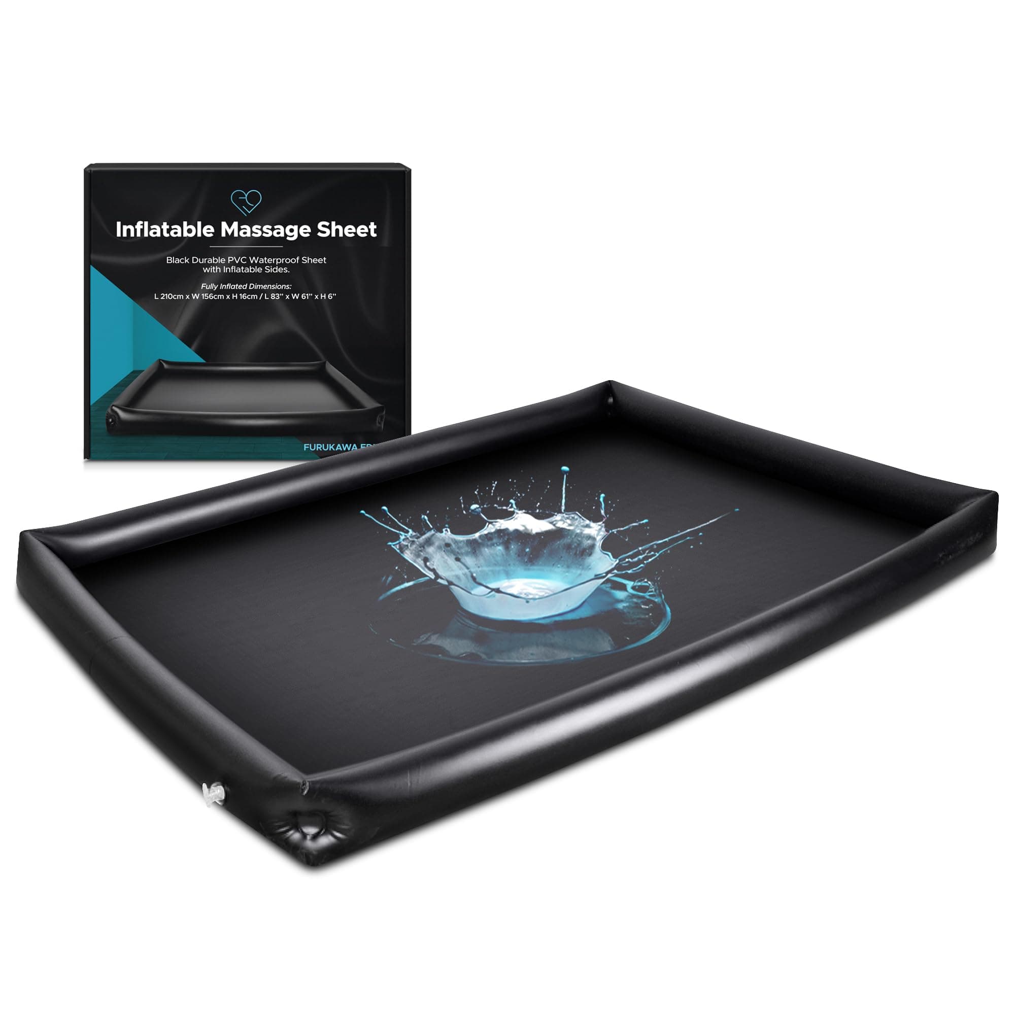 Inflatable Nuru Massage Sheet with Inflatable Sides | Black Durable PVC Waterproof | Protection against Oil, Water-based, and Silicone-based Products | 210 x 156 x 16 cm