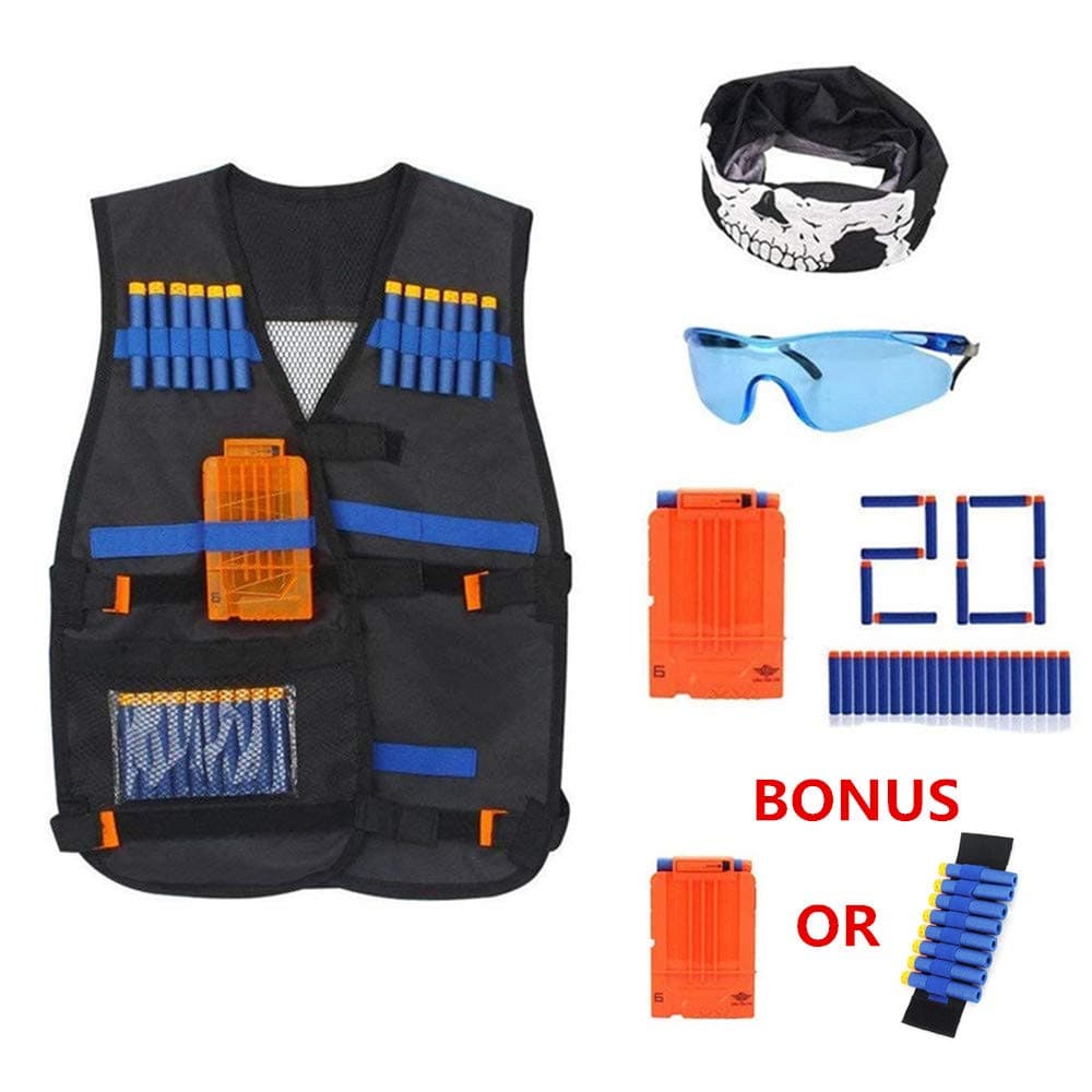 KINGSOO Tactical Vest Kit for Nerf N-Strike Elite Series Tactical Gear Include Vests Glasses Scarves Clips Bullets (Set1)