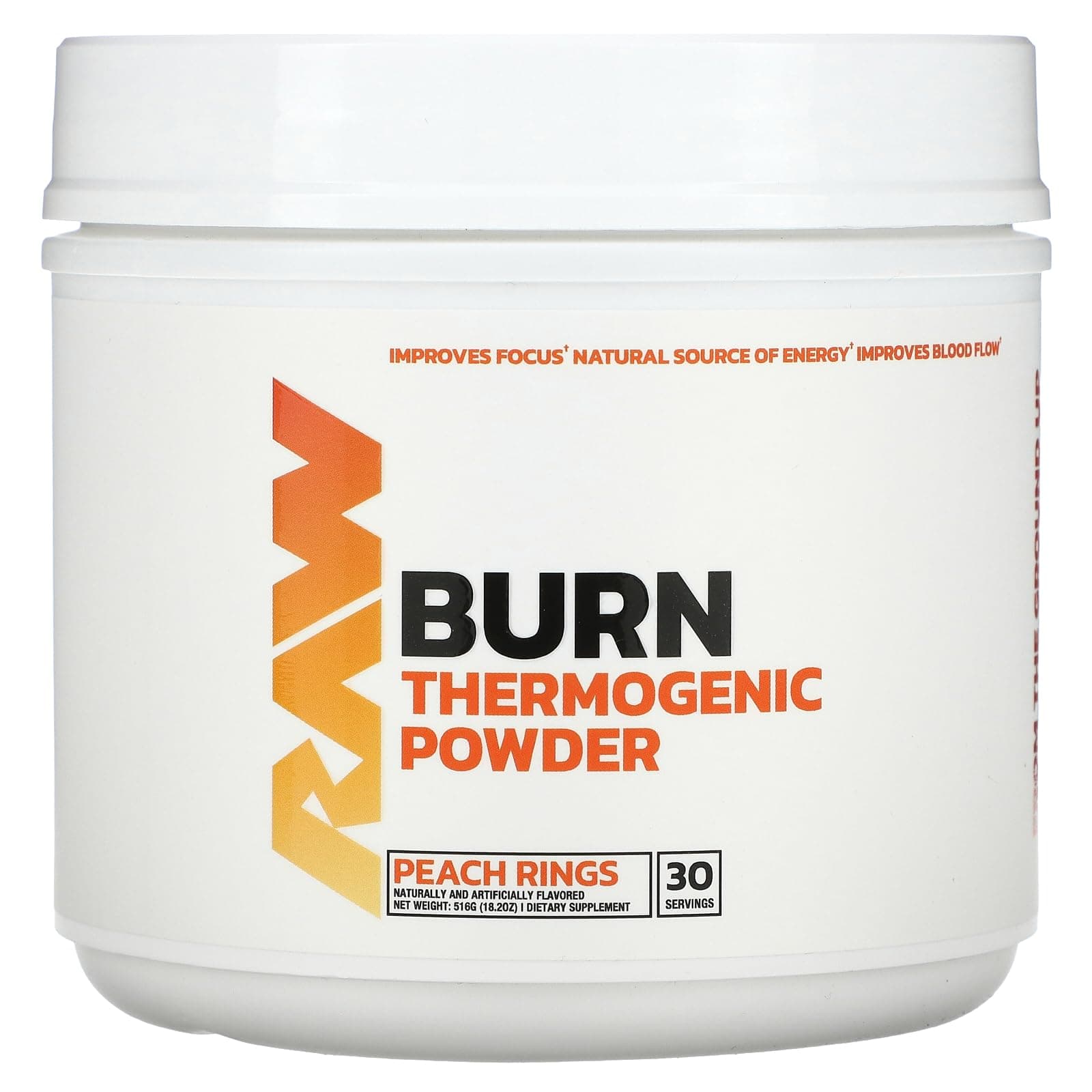 RAW Burn Thermogenic Fat Burner | Chris Bumstead Formula | Acetyl-L-carnitine | Yohimbine | L-tyrosine | Control Appetite | Weight Loss | 30 Servings (Peach Rings)