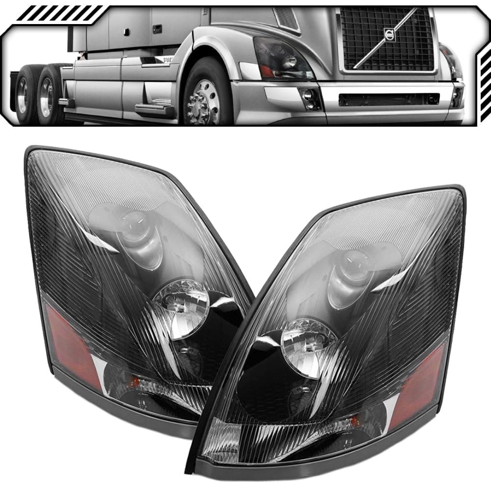 EPIC LIGHTING AMOE Replacement Black Bezel Headlights Assembly Compatible with Volvo 2004-2018 VNL 04-18 VNM 04-15 VN Semi Truck Heavy Duty [ 82329124 VO2502156 82329127 VO2503156 ] Pair
