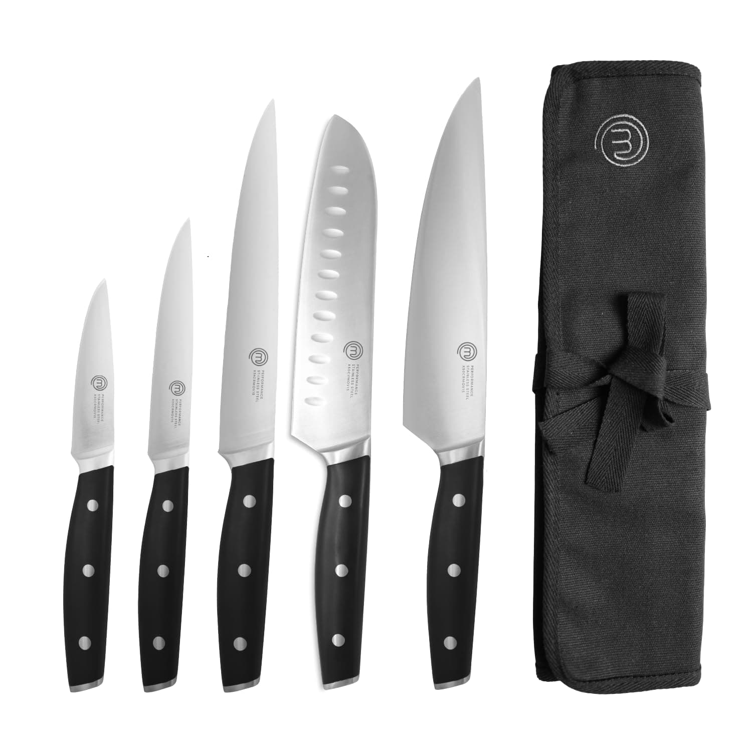 MasterChef Chef Knife Set with Bag, Professional Chef Knives x 5 with Knife Roll Bag, Premium Kitchen Knife Set with High Carbon Stainless Steel Blades & Triple Riveted Handles for Precision Cooking