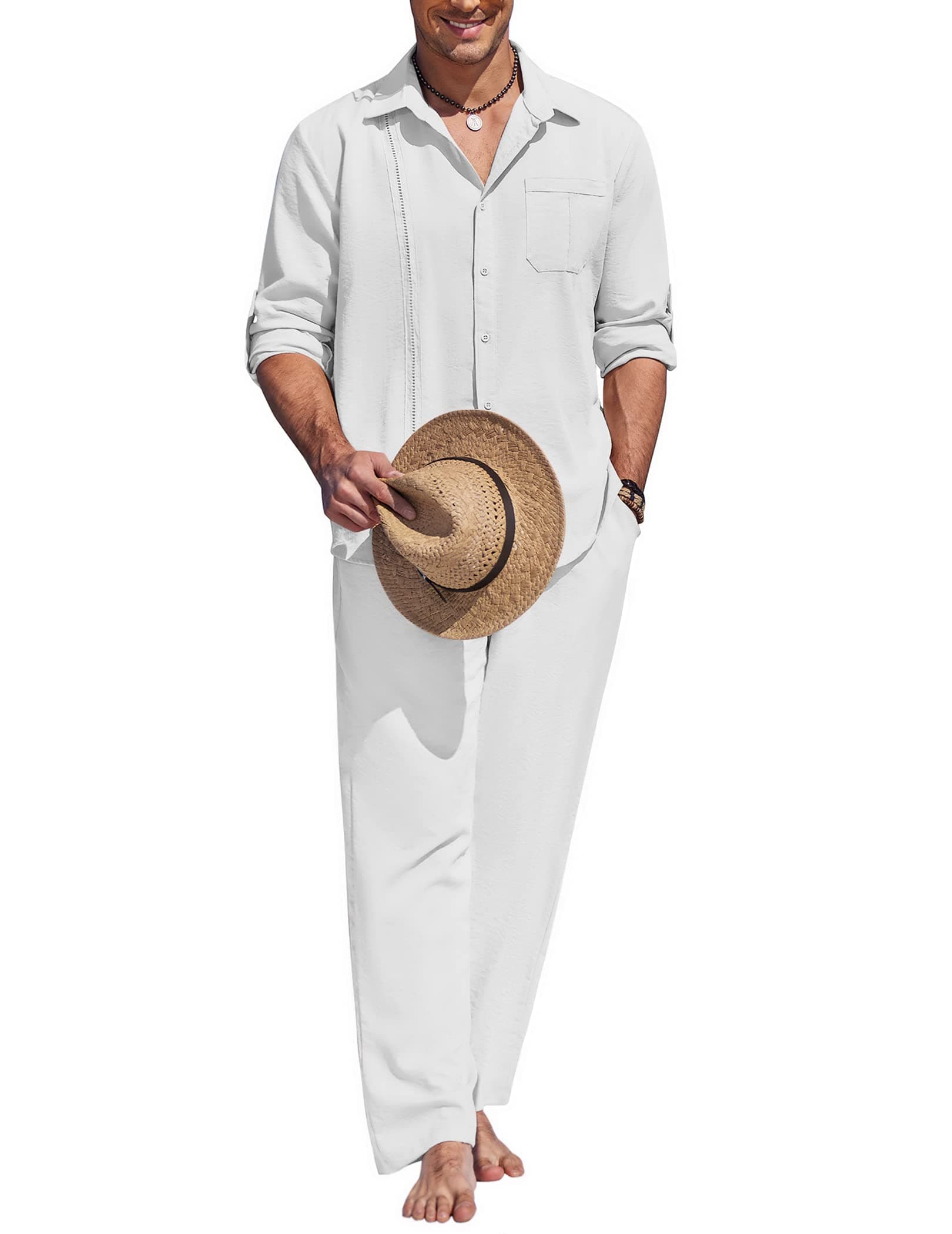 COOFANDYMens Linen Sets 2 Piece Long Sleeve Button Down Cuban Shirt and Pants Set Summer Beach Set Outfits