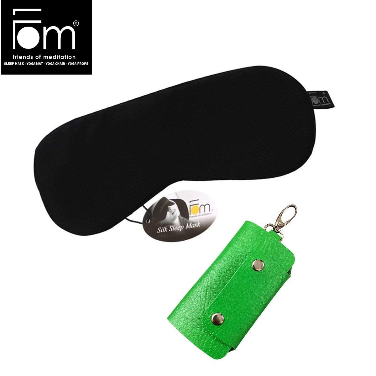 Friends of Meditation ® 100% Mulberry Silk, Super Smooth Sleep Mask And Blind Fold (Black) with Free Green PU Leather Key Chain Pouch