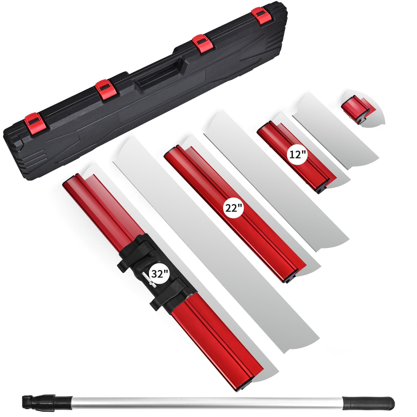 Drywall Skimming Blade Set, Upgraded Thickening 12", 22” & 32" Skimming Blades with Extension Handle,0.5mm&0.4mm Blades, Red