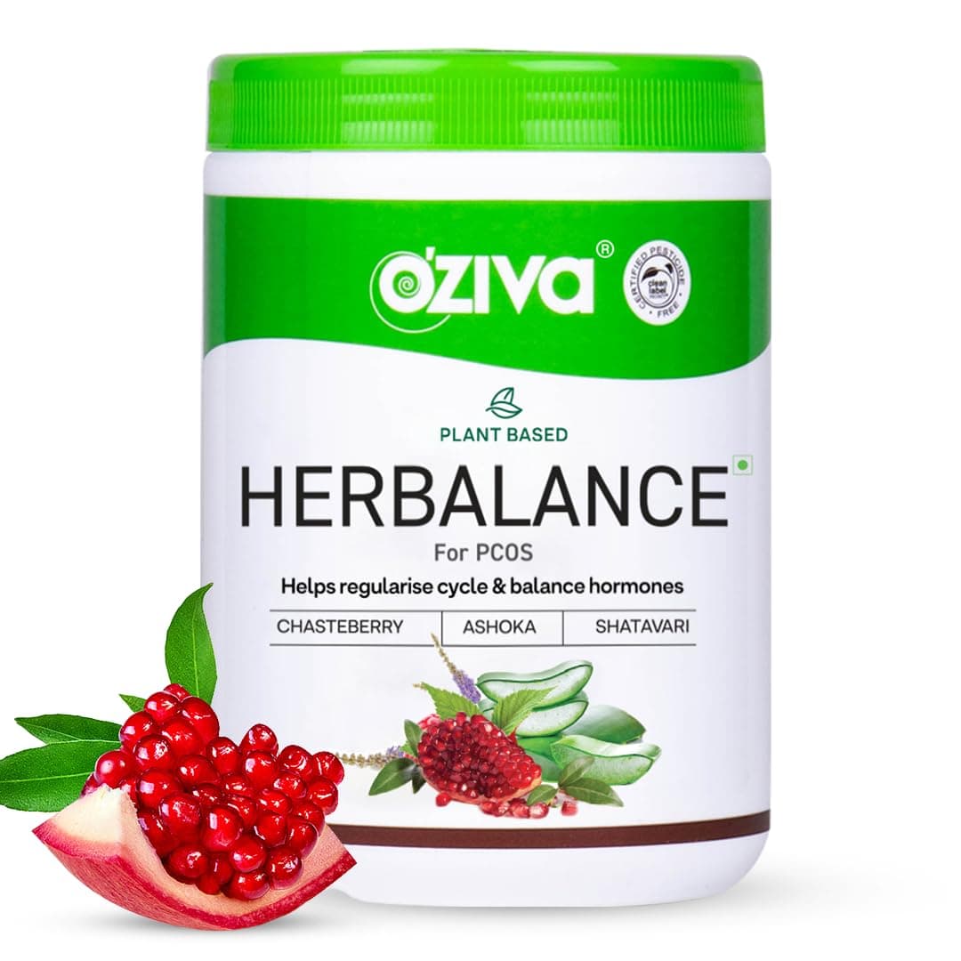 OZiva Plant Based HerBalance for PCOS Supplements for Women 200g, with Myo-Inositol, ChasteBerry, Shatavari, PCOS Supplements for Women Promoting Better Cycle & Hormonal Balance