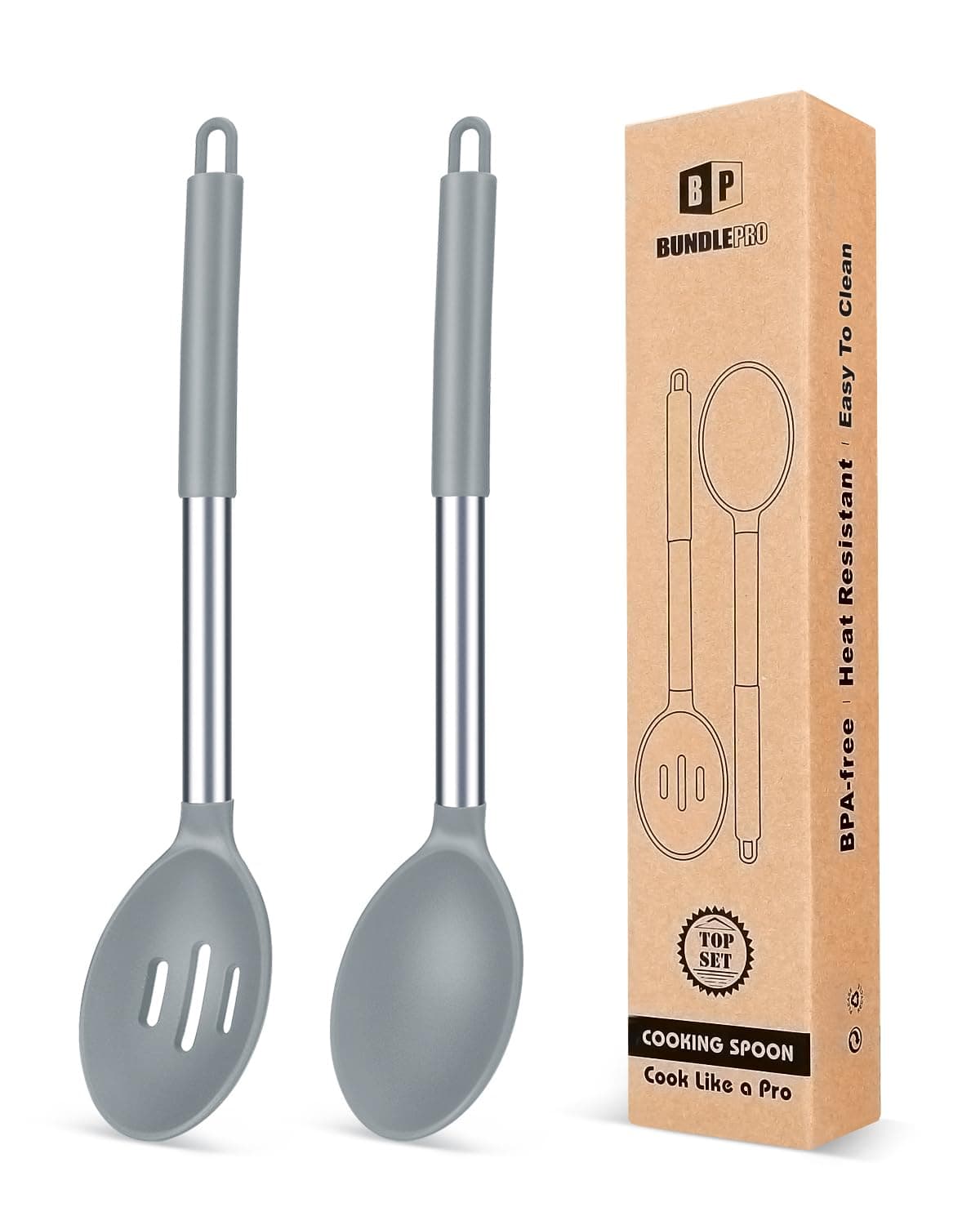 - Pack of 2 Large Silicone Cooking Spoons,Non Stick Solid Basting Spoon,Heat-Resistant Kitchen Utensils for Mixing,Serving,Draining,Stirring (GREY)