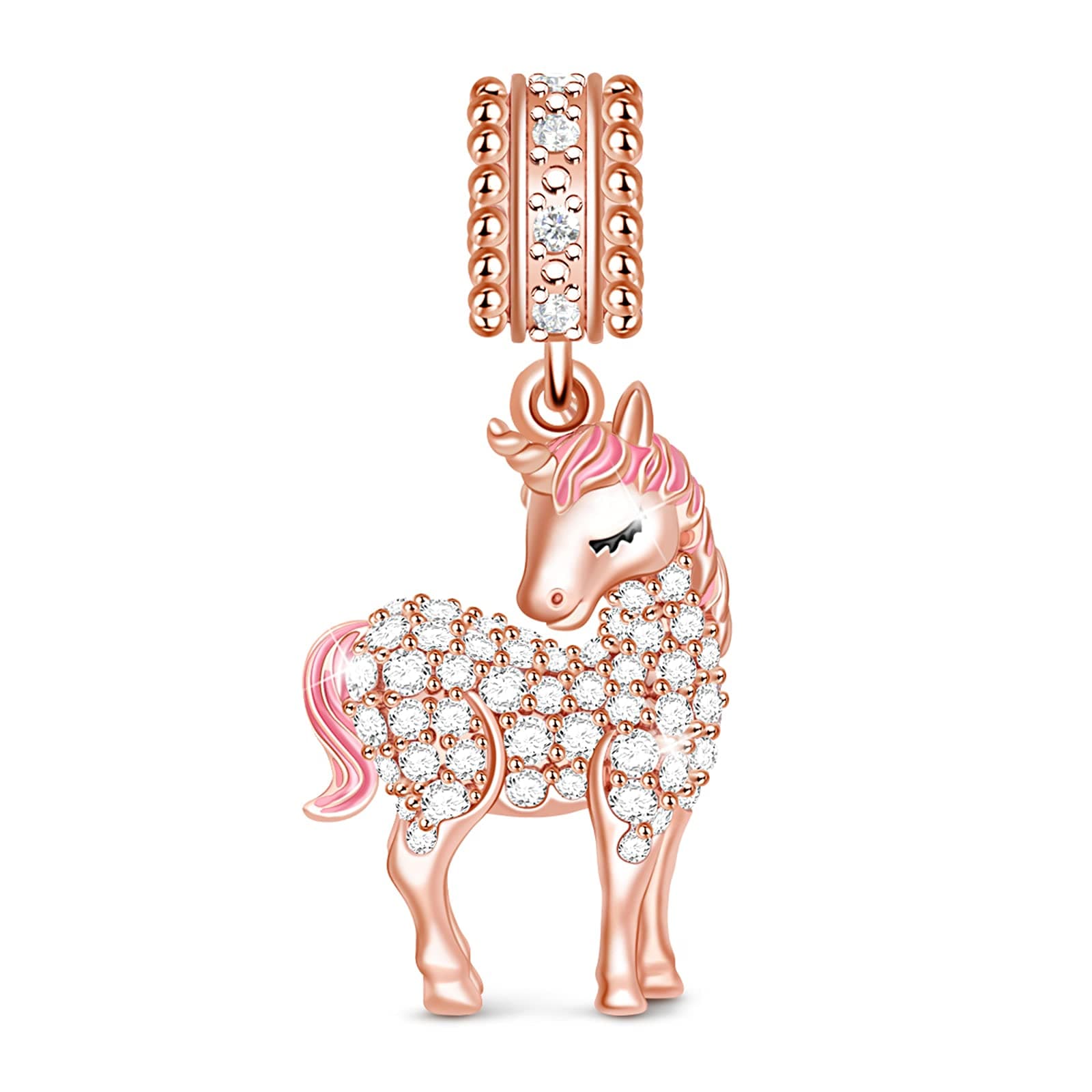 GNOCE Pink Unicorn Charms 925 Sterling Silver 18K Rose Gold Plated Pendant Charm For Women's Charms Bracelet Sparkly & Vibrant Fits Bracelet/Necklace
