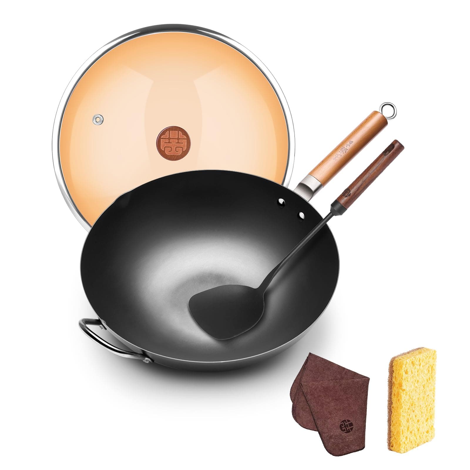 WANGYUANJI Carbon Steel Wok 14.2" Woks with Traditional Iron Spatula