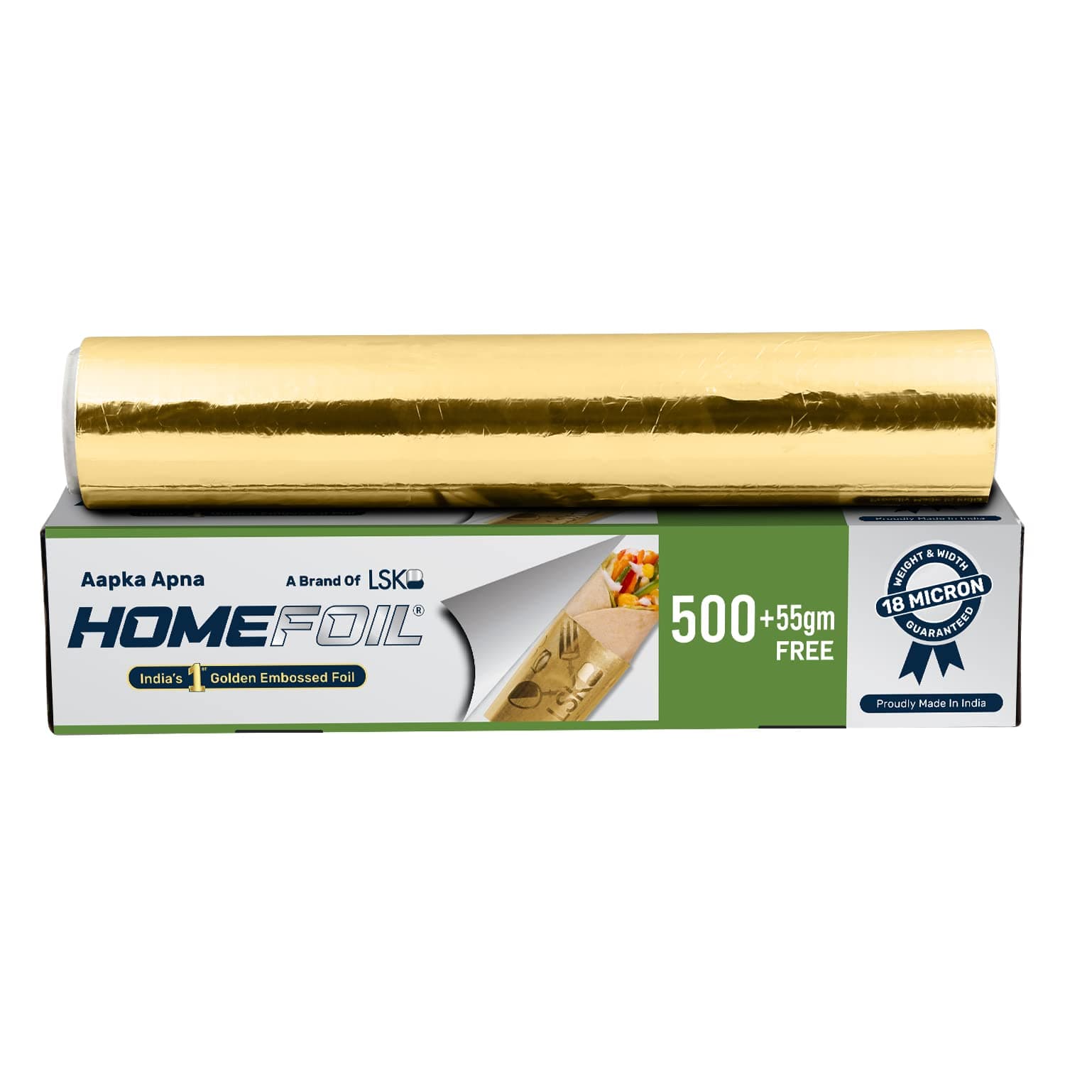 HOMEFOIL 500+55 gm Free Golden Embossed Converted Aluminium Foil | 18 Micron Thickness | Ideal for Food Wrapping, Packing, Storing and Serving | 38.56 Meters Net Guaranteed Length