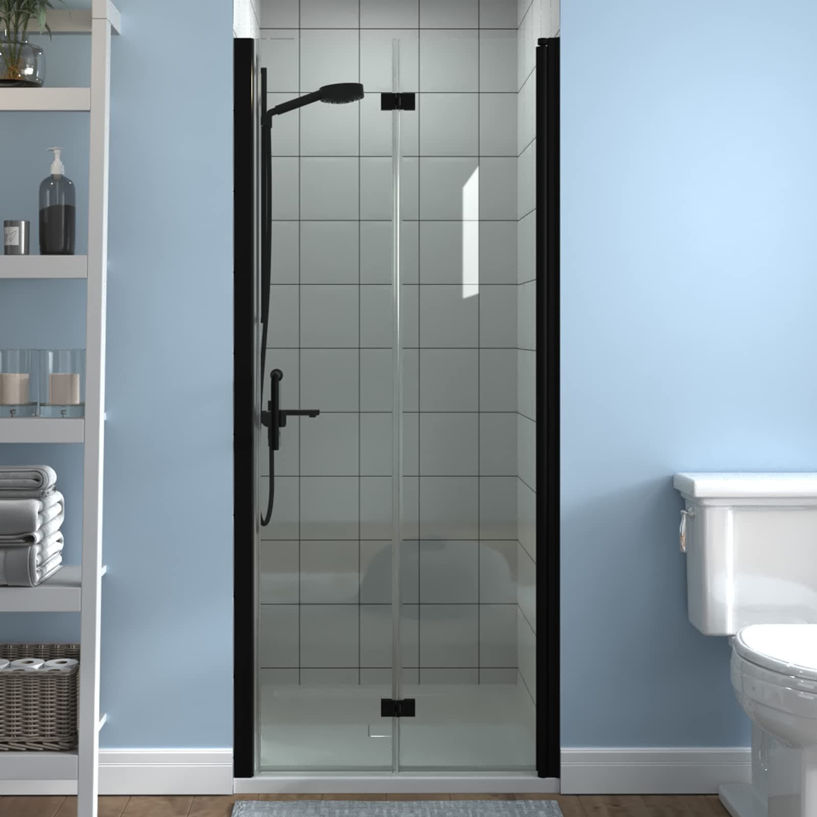 ExBrite 32-33.5 in.W x 72 in.H Bifold Frameless Glass Shower Door,1/4 in. Fold Clear Glass Shower Panel Pivot Swing Shower Doors,Matte Black Finish,Reversible Installation