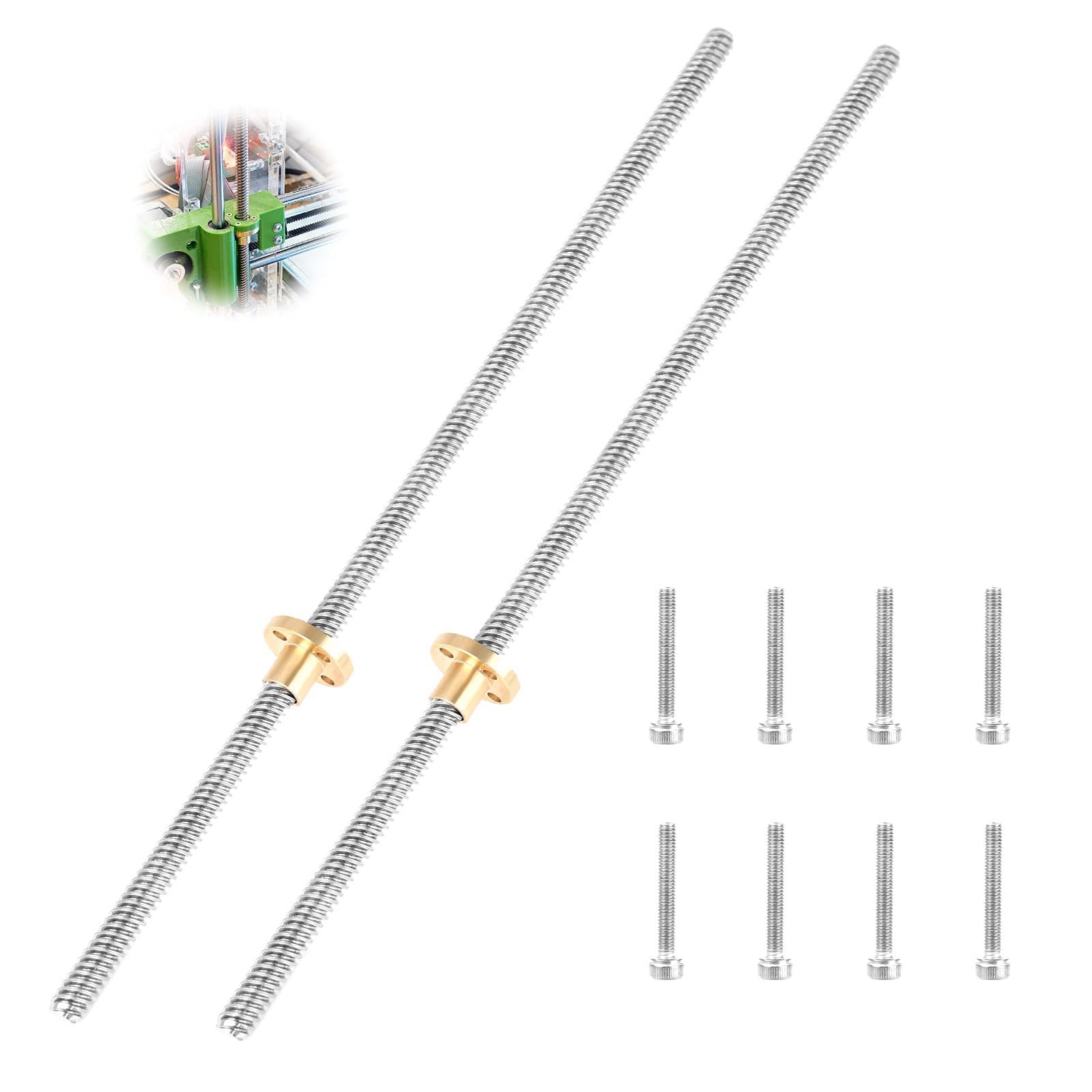 T8 Stainless Steel Threaded Screw Rod with Nut 2Pcs 300mm 8mm T8 Trapezoidal Lead Screw Rod with 8Pcs Screw for 3D Printer Stepper Motor