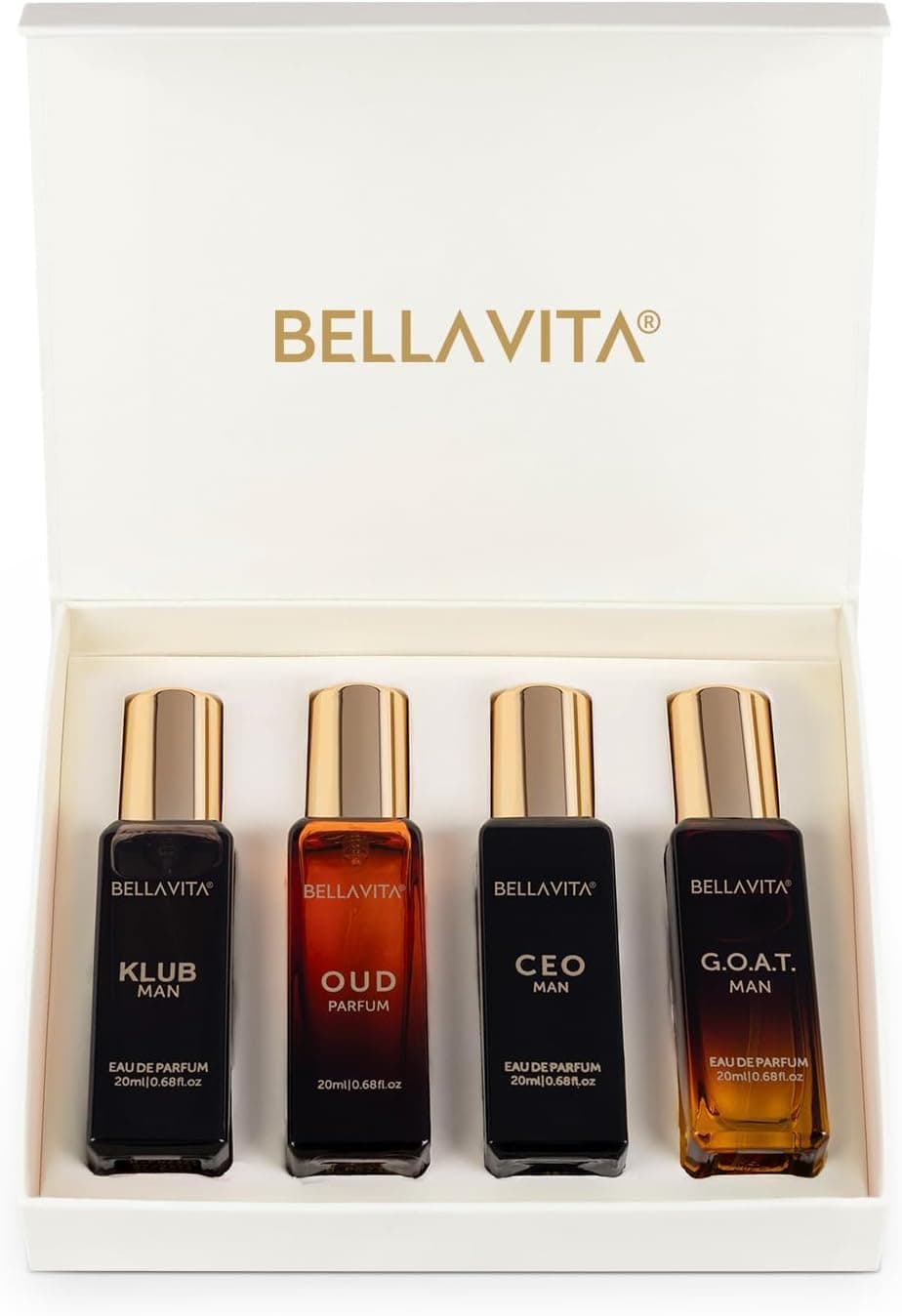 Bellavita Luxury Men's Perfume Gift Set with CEO Man, G.O.A.T., Klub, and Oud | 80ml | Perfume for Men | Lavender, Patchouli, Lemon, and Caramel Notes | Long Lasting Men's Fragrance