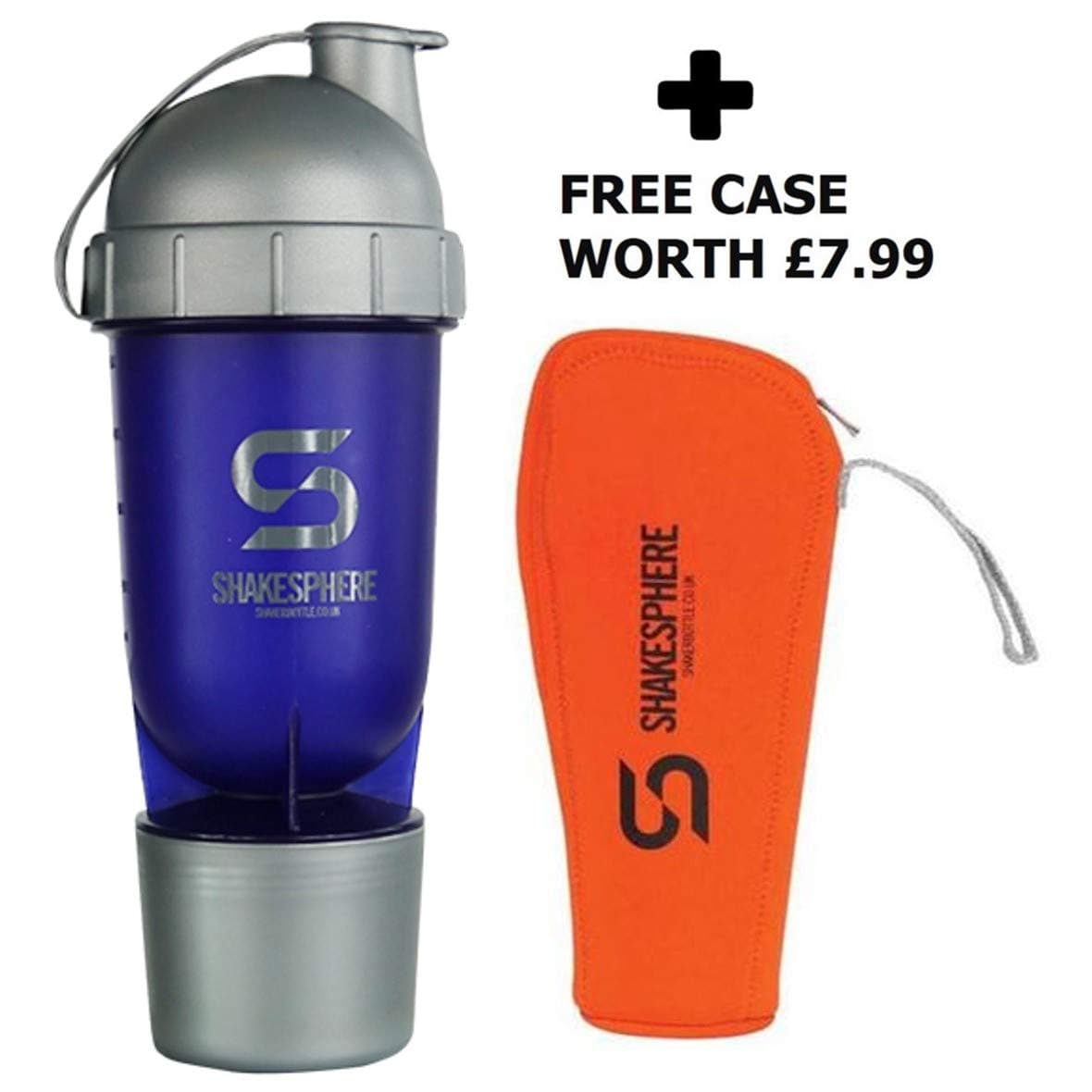 Protein Shaker Bottle 700ml with Storage Compartment - Plus Free Protective Case - ShakeSphere As Seen on Dragon's Den (Blue/Silver)