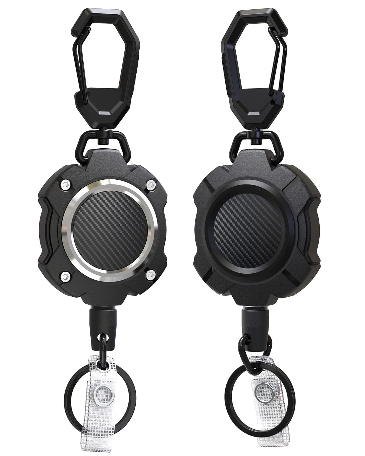 LIUGX 2 Pack Retractable Keychain, Heavy Duty Carabiner Key Chains, 10,000+ Rebound, Impact Resistance ID Badge Reels with 31.5” Wire Rope and Key Ring, Up to 8oz, Aluminum Ring, Carbon Fiber-Texture
