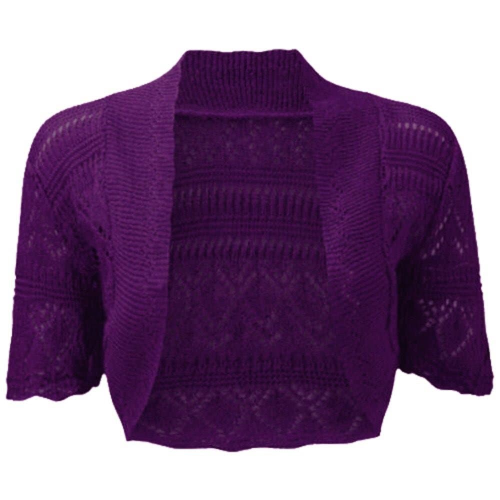 Hina Fashion Womens Ladies Half Sleeve Crop Crochet Knitted Bolero Shrug Cardigan (Large, Purple)