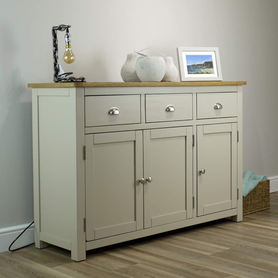 Wellington Painted Oak Grey Large Sideboard / 3 Door 3 Drawer Dresser Base - With Solid Oak Top
