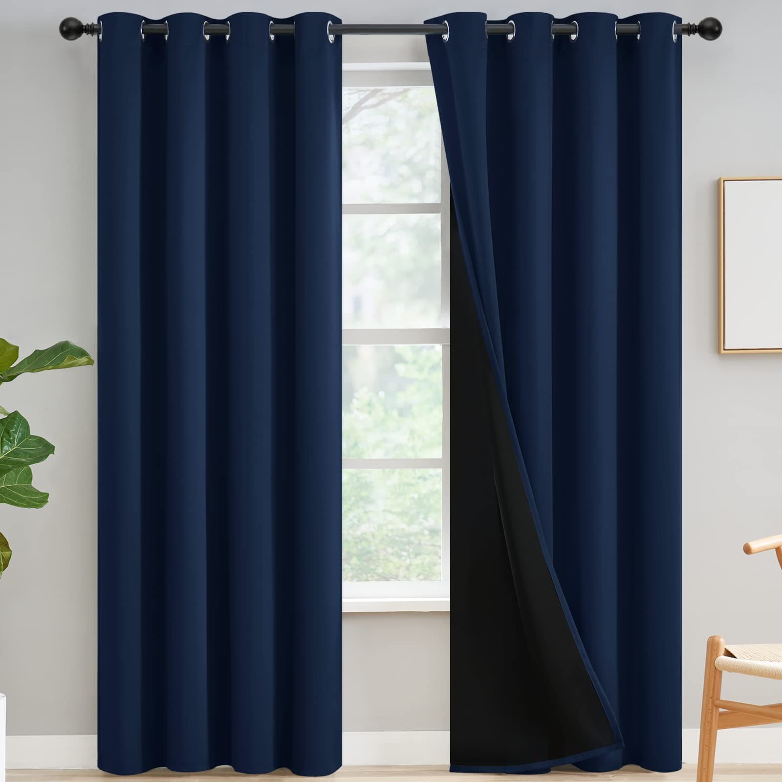 Yakamok Navy Blue Curtains 100% Blackout Curtains for Living Room - Grommet Thermal Insulated Full Room Darkening Block Out Curtains with Black Liner for Bedroom, Set of 2 Panels, W52 x L96 Inch