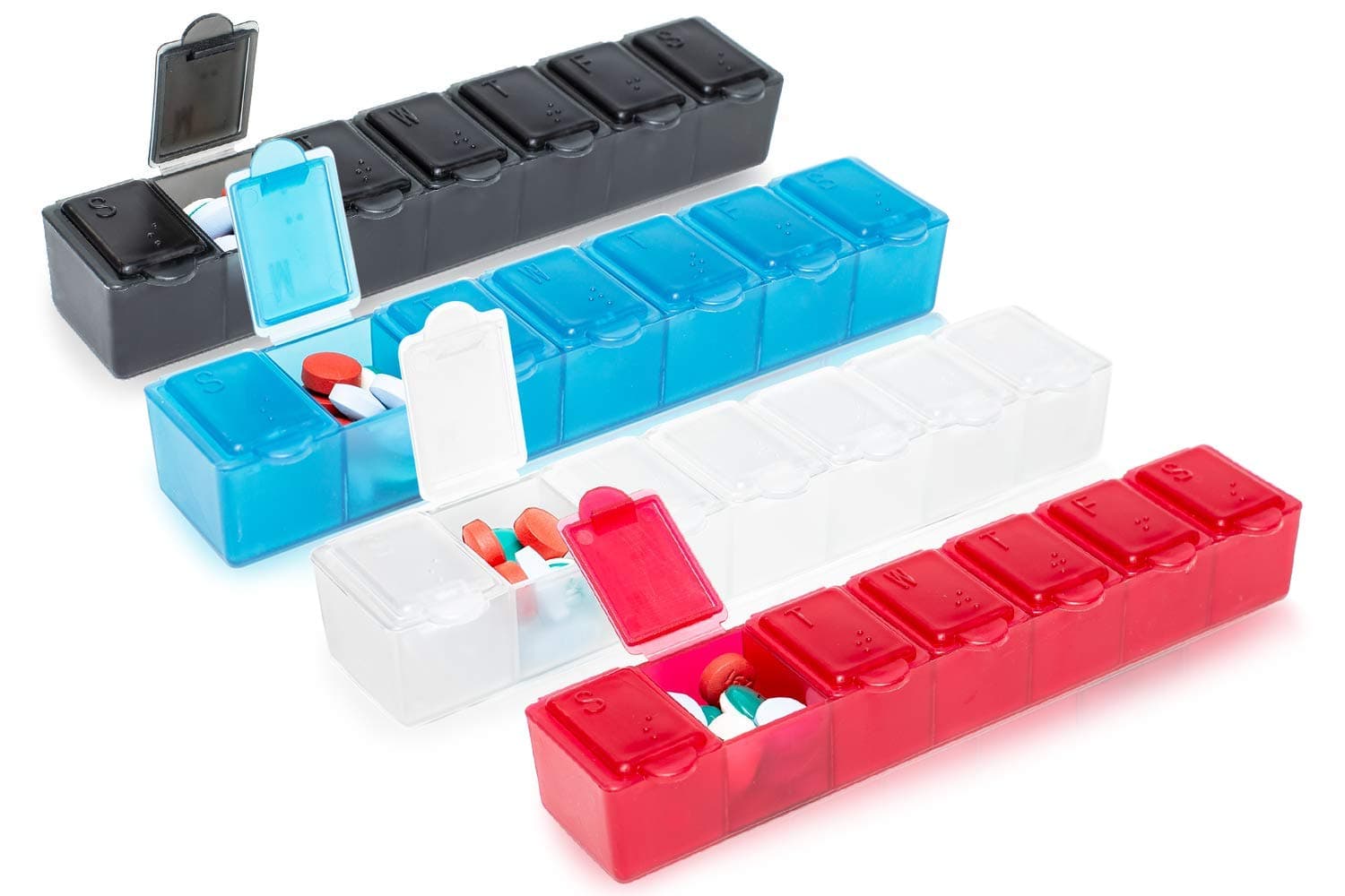 USA Merchant - 7 Day Small Pill Box with Snap Close Lids - Weekly Pill Organizer 4 Times a Day or 28 Day Dispenser - Comes with 4 Separate 7 Day Pill Containers for Vitamins, Supplements, and Medicine