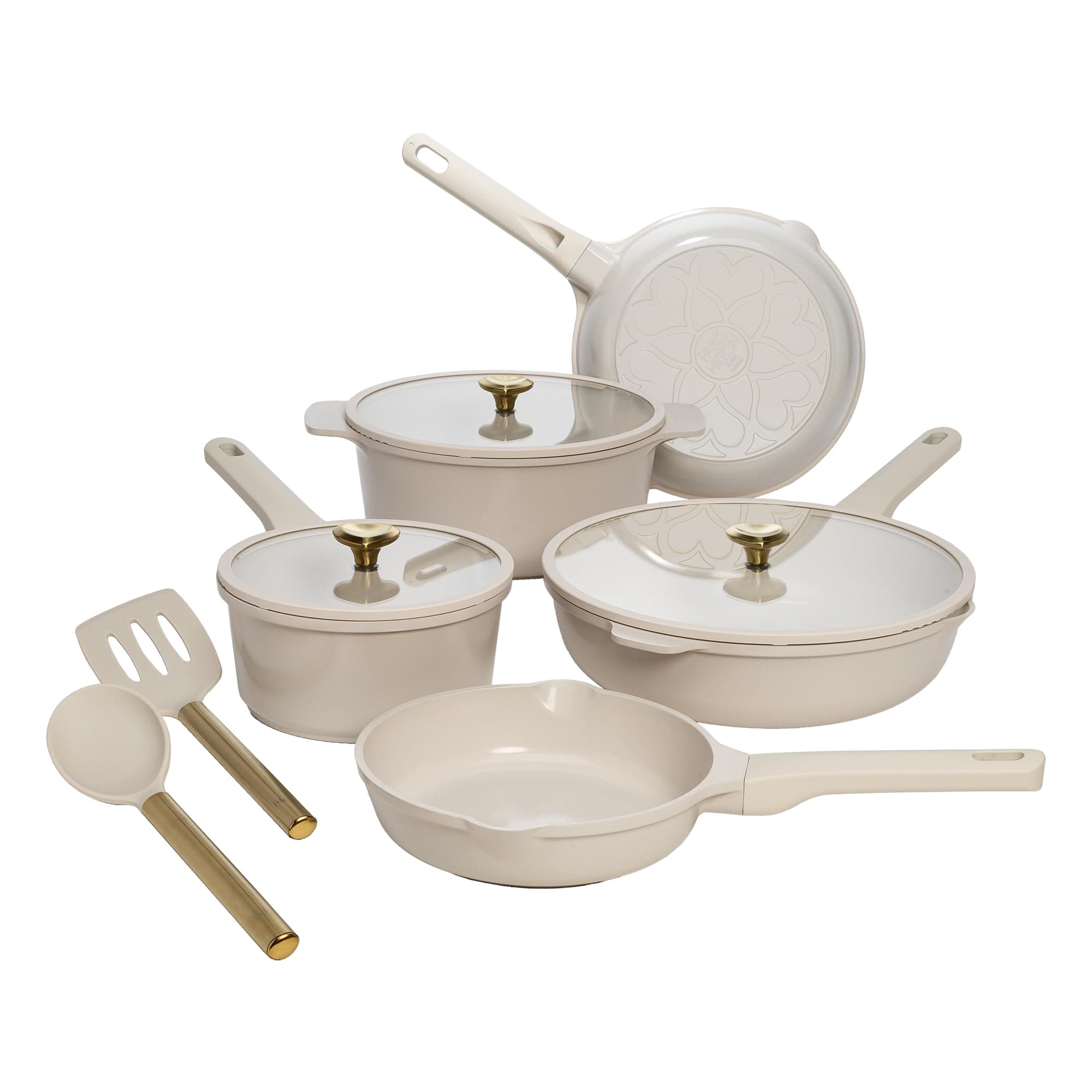Paris Hilton Ceramic Nonstick Cookware Set, Cast Aluminum with Dual Layer Nonstick Coating, Gold Heart Knobs, Stay-Cool Handles, Made Without PFAS, PFOA, PFOS & PTFE, Dishwasher Safe, 10-Piece, Cream