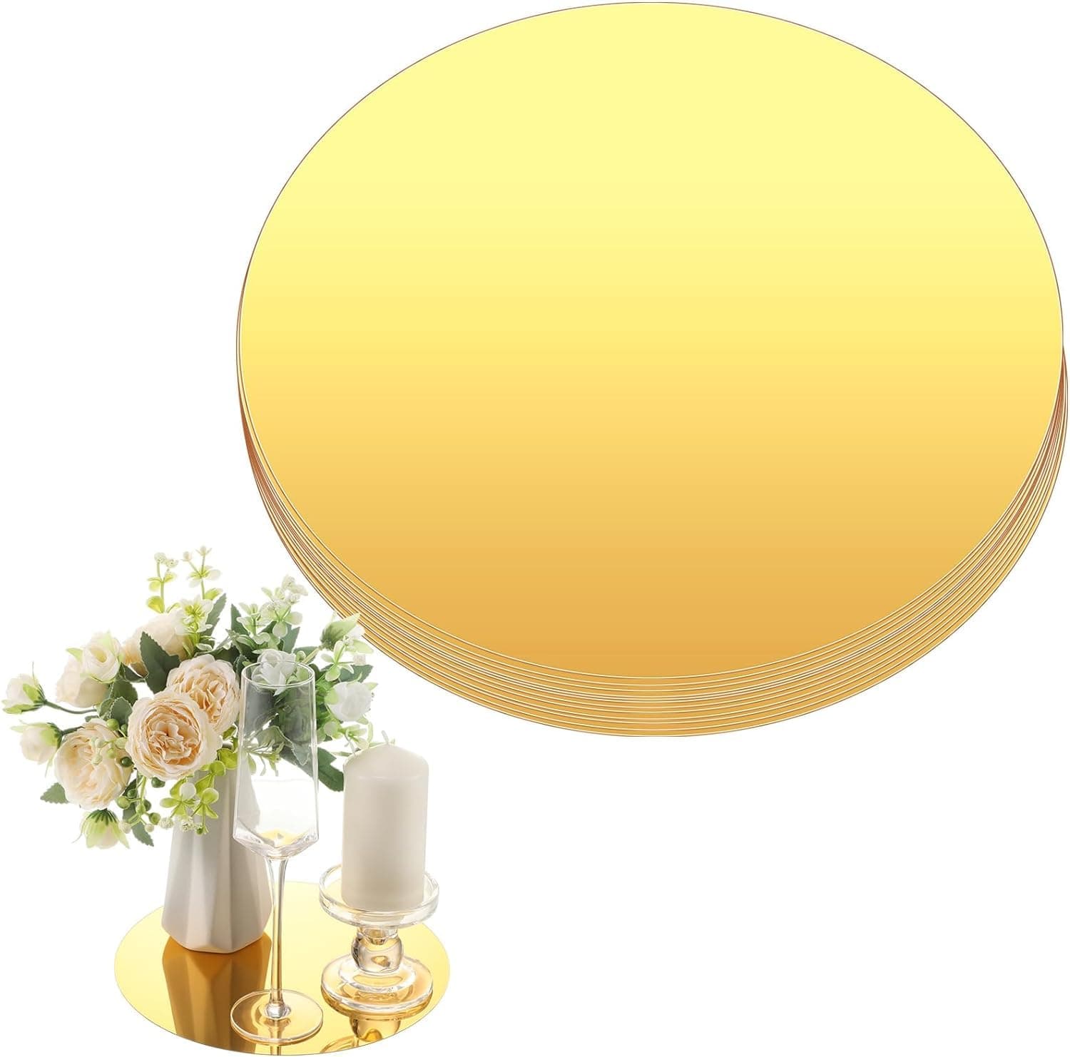 Hooshion6 Pcs 8 Inch Round Mirror Candle Plate, Circle Mirror Centerpieces, Wedding Party Mirror Tiles, for Table Centerpieces & Wedding Party & Christmas Decorations & Baby Shower Party (8'' Gold)