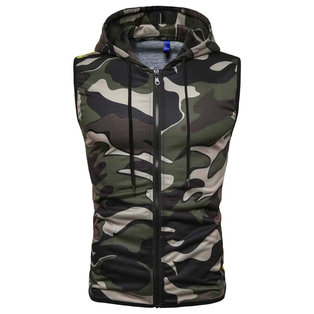 iYmitz Men's Casual Hoodie Tank Tops Sleeveless Hooded Vest Pocket Camouflage Hoodie Fashion T-Shirt Sports Men's Casual Sleeveless Hoodie Zip up Vest Tops with Pockets Mens Sleeveless Sweatshirt