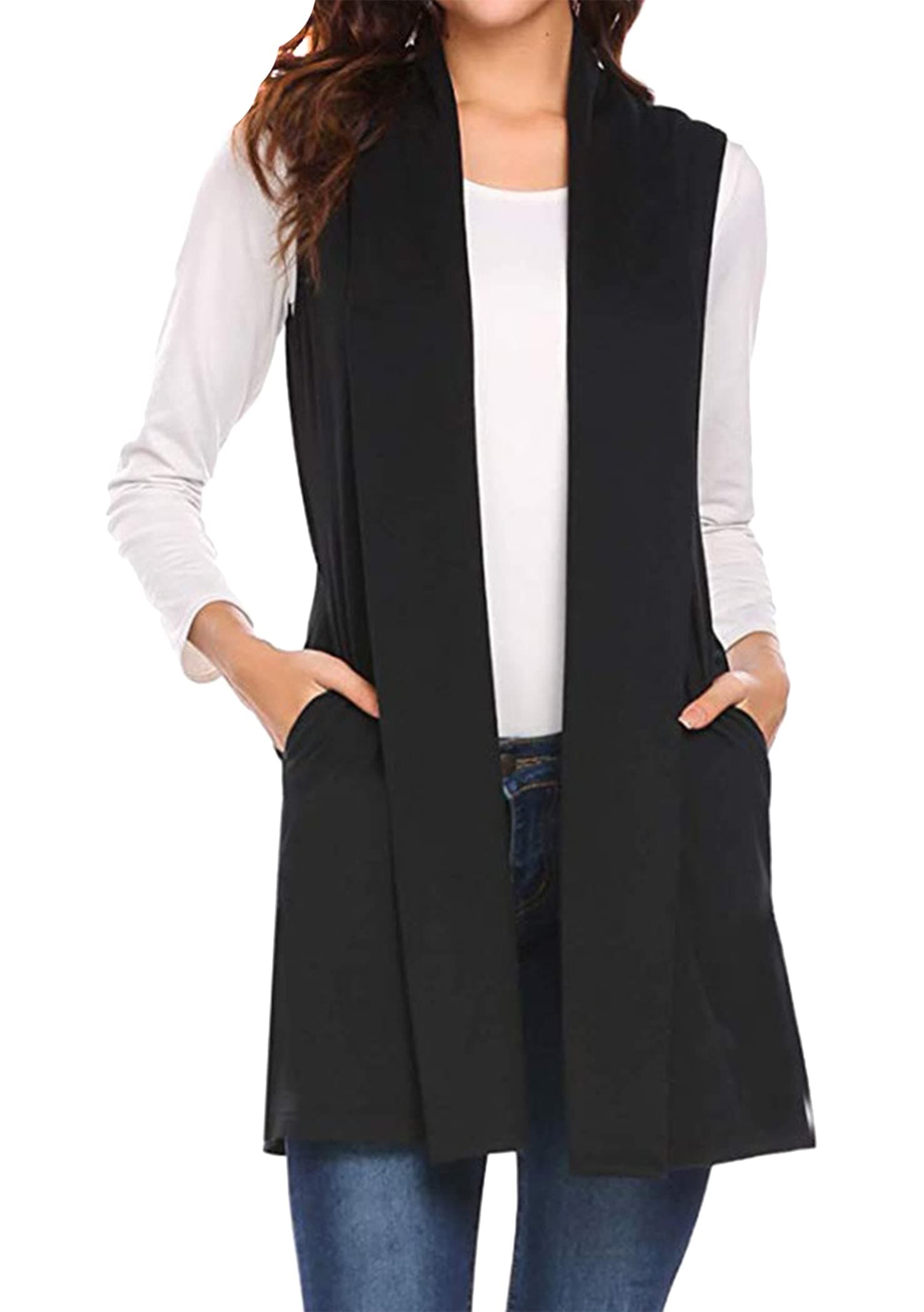 OMZINWomen's Solid Color Casual Sleeveless Cardigan Lightweight Long Vest With Pocket Vest
