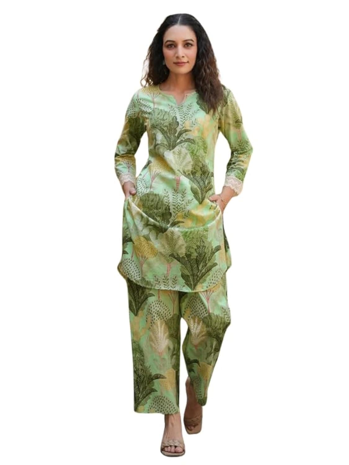 NAINVISH Women's Green Printed Straight Cotton Blend V-Neck Co-ord Set (SD682_KB)