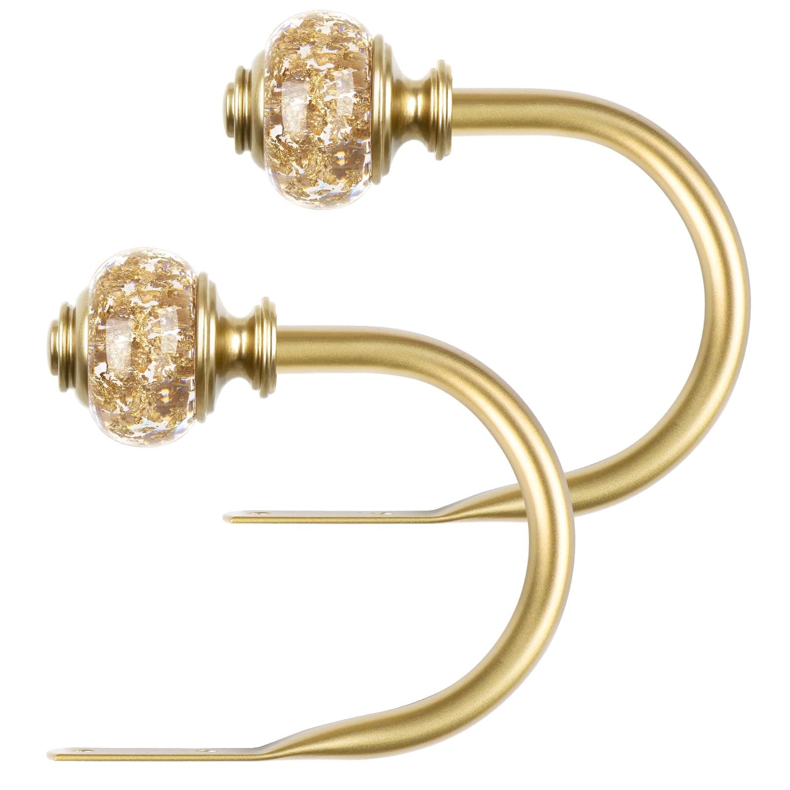 2 Pack Curtain Holdbacks, USFOOK Decorative Window Drapery Tiebacks (2 Pack/1 Pair), Curtain Tie Back Hooks for Wall with Gold Translucent Finials (4.3" L x 3.4" W)