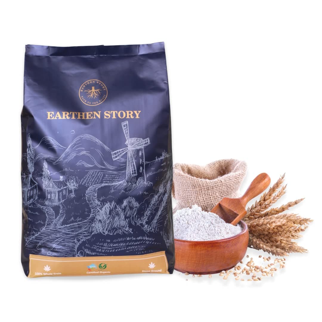 Earthen Story Certified Organic Whole Wheat Atta 5kg | Stone Ground Chakki atta | 100% Whole Grain flour with bran, rich in fibre, used for making rotis, cake, bread, pizza and baking
