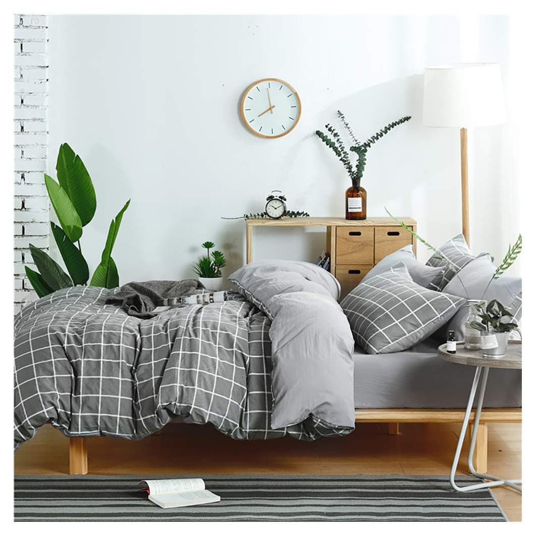 YZZ COLLECTION Queen Bedding Duvet Cover Set, Premium Microfiber,Grey Grid Pattern On Comforter Cover-3pcs:1x Duvet Cover 2X Pillowcases,Comforter Cover with Zipper Closure