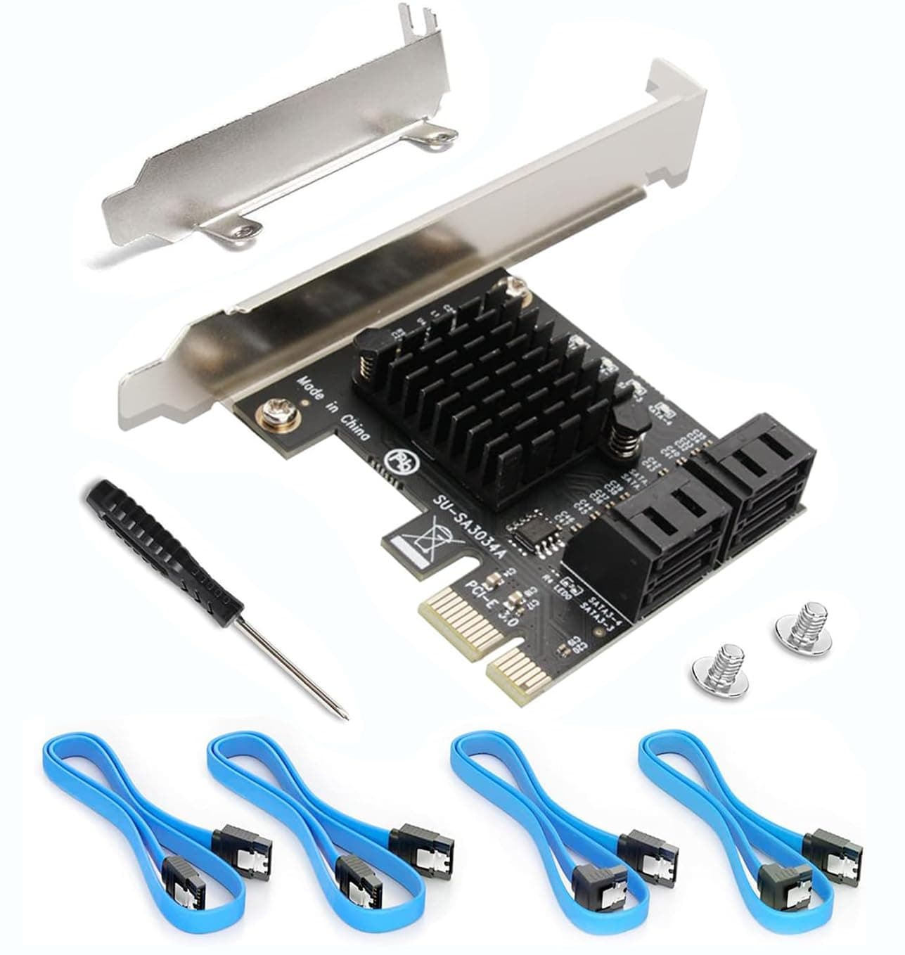 SATA Card PCIE 3.0, 4 Port with 4 Cables, Controller Expansion Card with Low Profile Bracket, Non-Raid, Boot as System Disk, Support 4 SATA 3.0 Devices