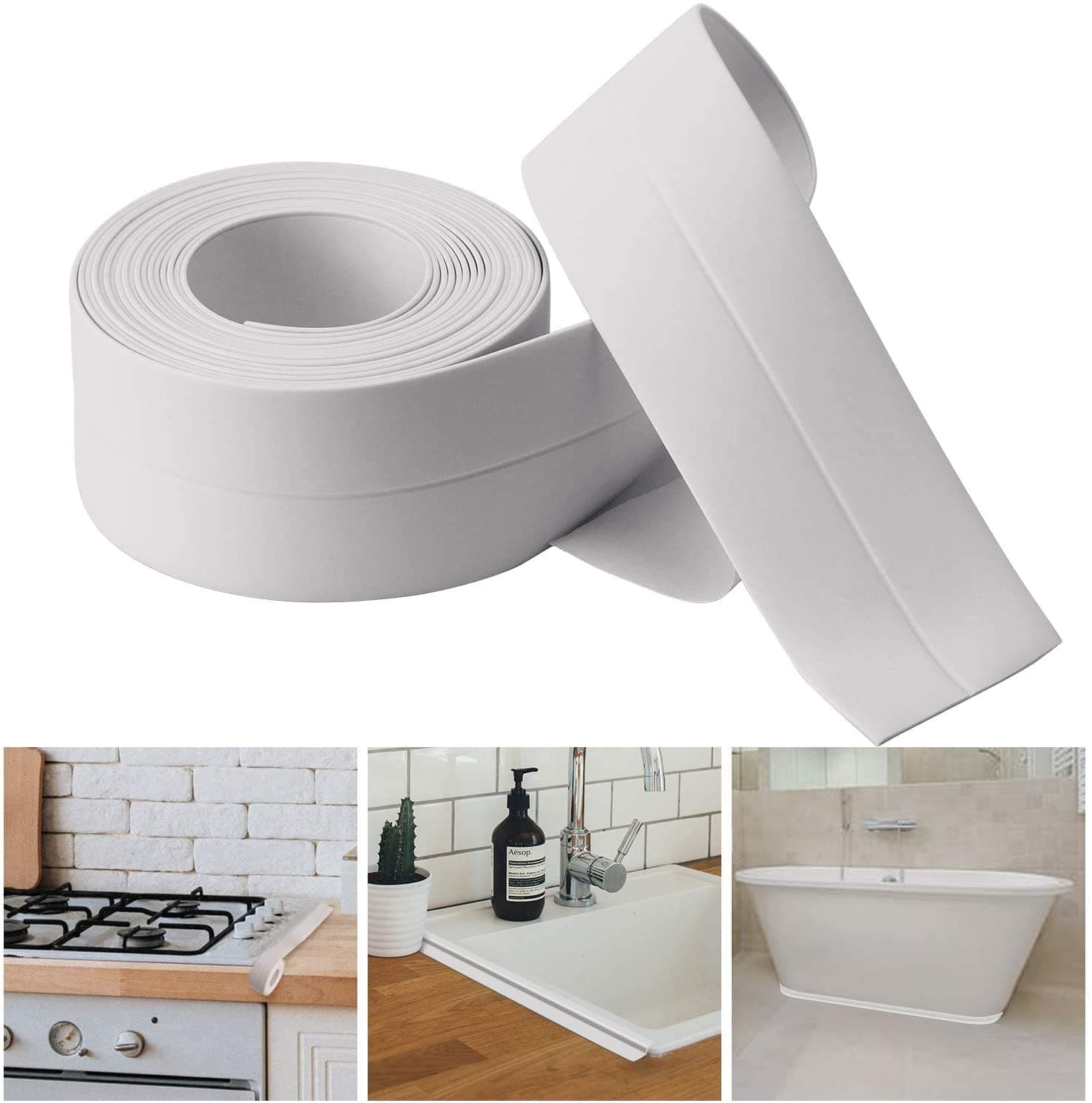 Caulk Strip - White, Waterproof, PVC, 1 Count, 6.35mm Max Gap Fill, Kitchen, Bathroom, Tile, Wall